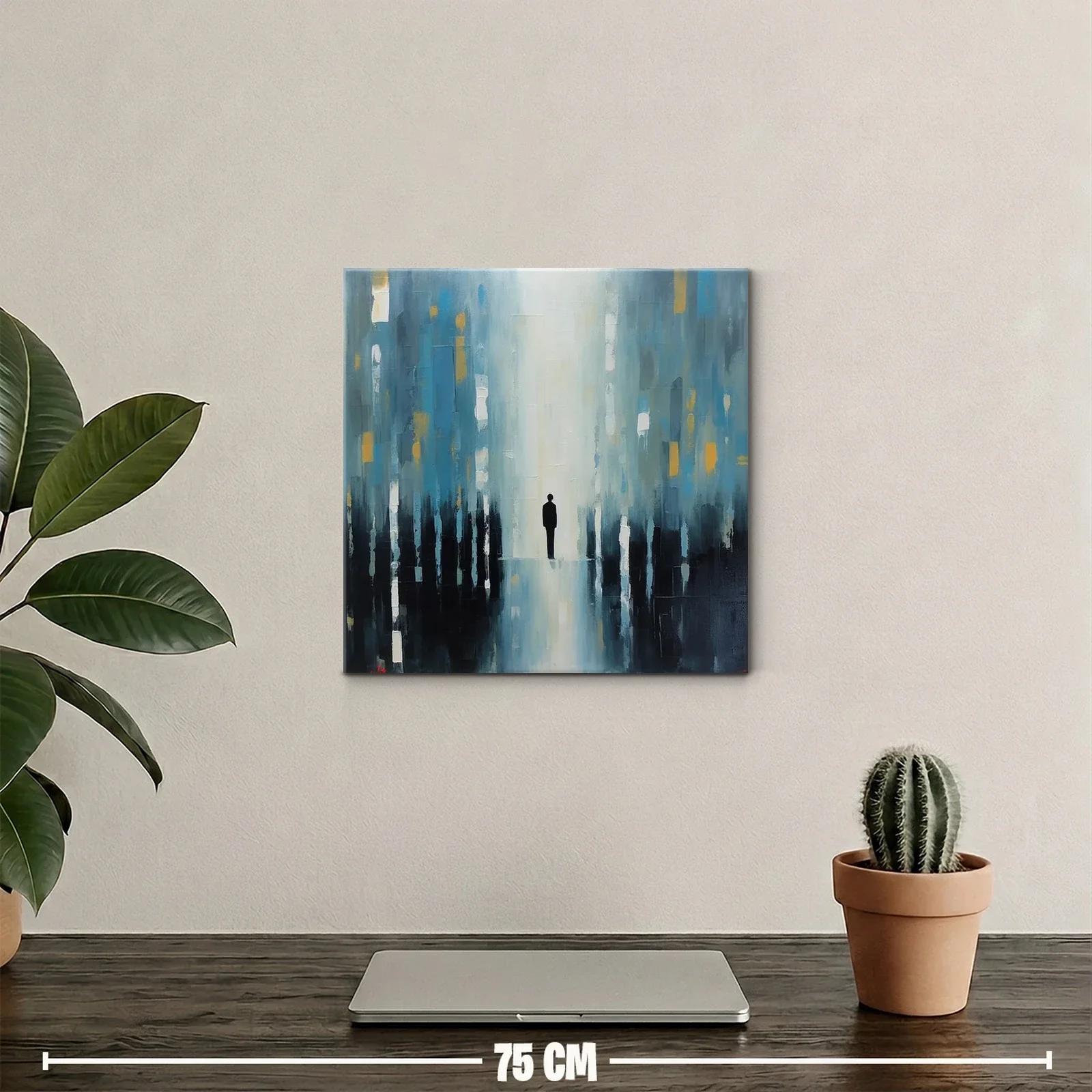 Cuadro abstracto figura solitaria en tonos azules y dorados — miniatura 2