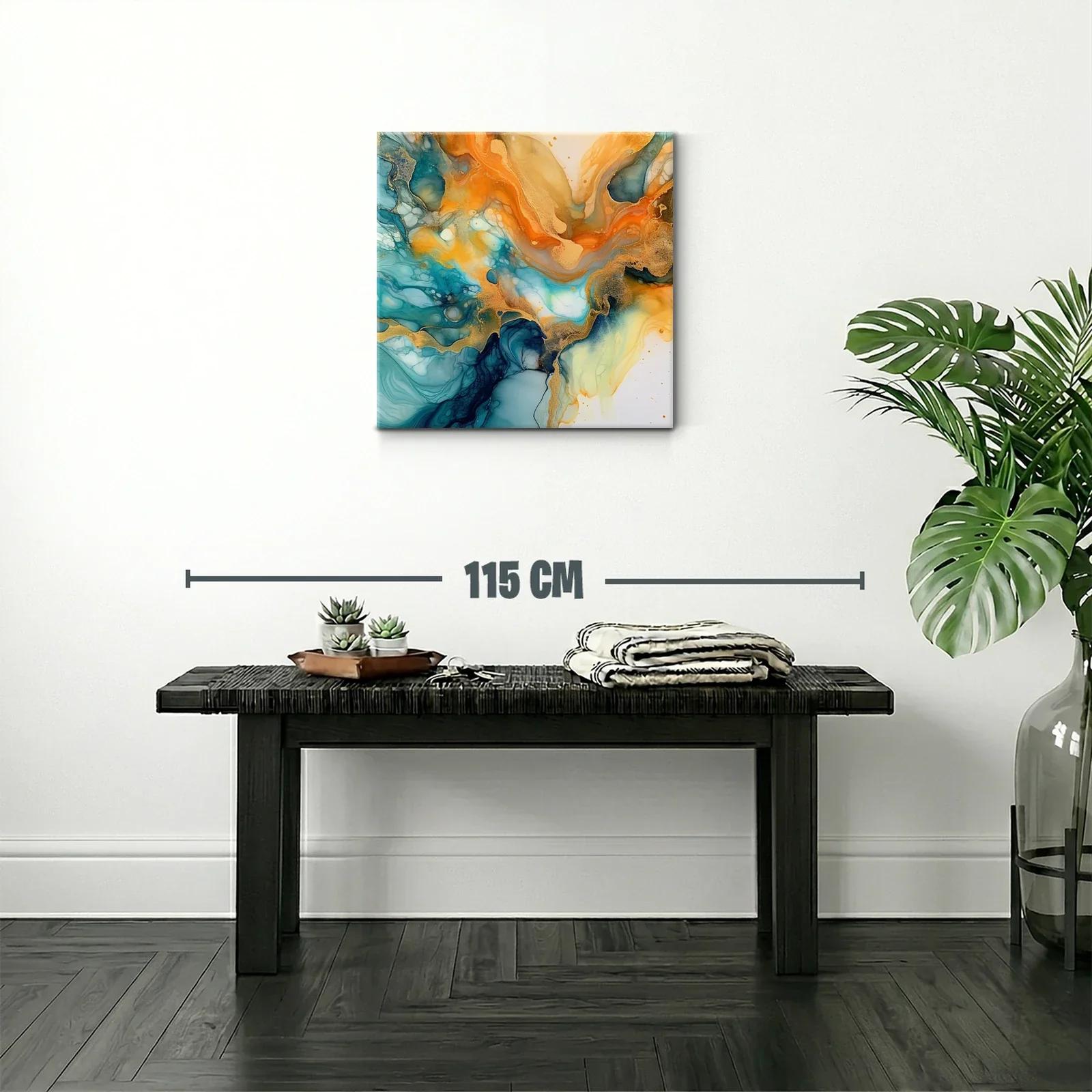 Cuadro abstracto en tonos turquesa y dorado vibrante — miniatura 2