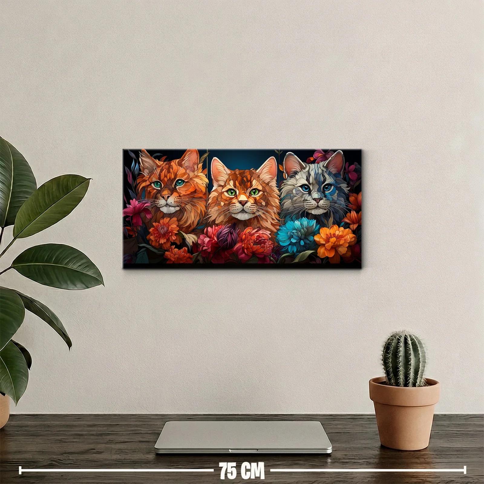 Cuadro tres gatos entre flores coral y turquesa — miniatura 2