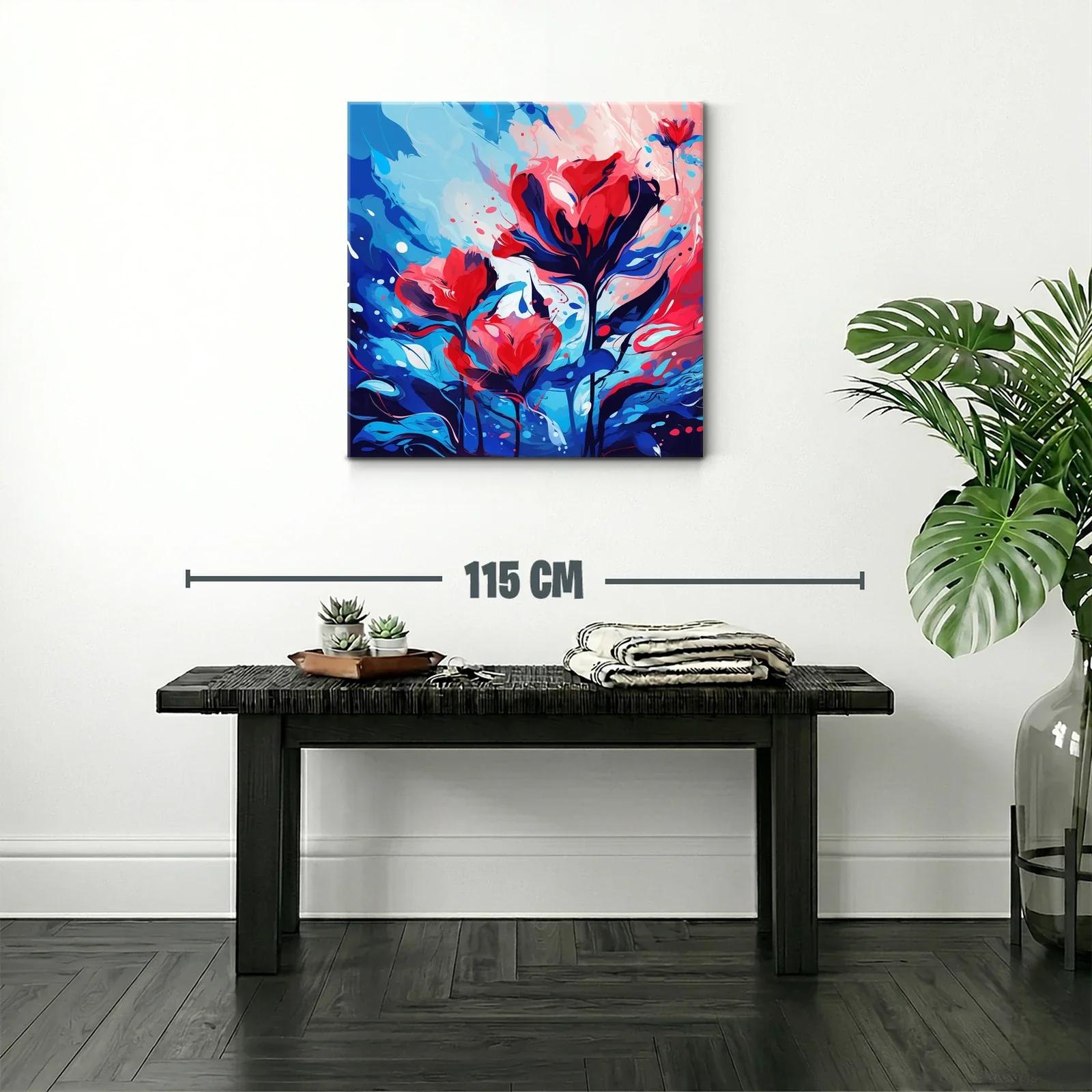 Cuadro vibrante con flores en tonos rojos y azules intensos — miniatura 2