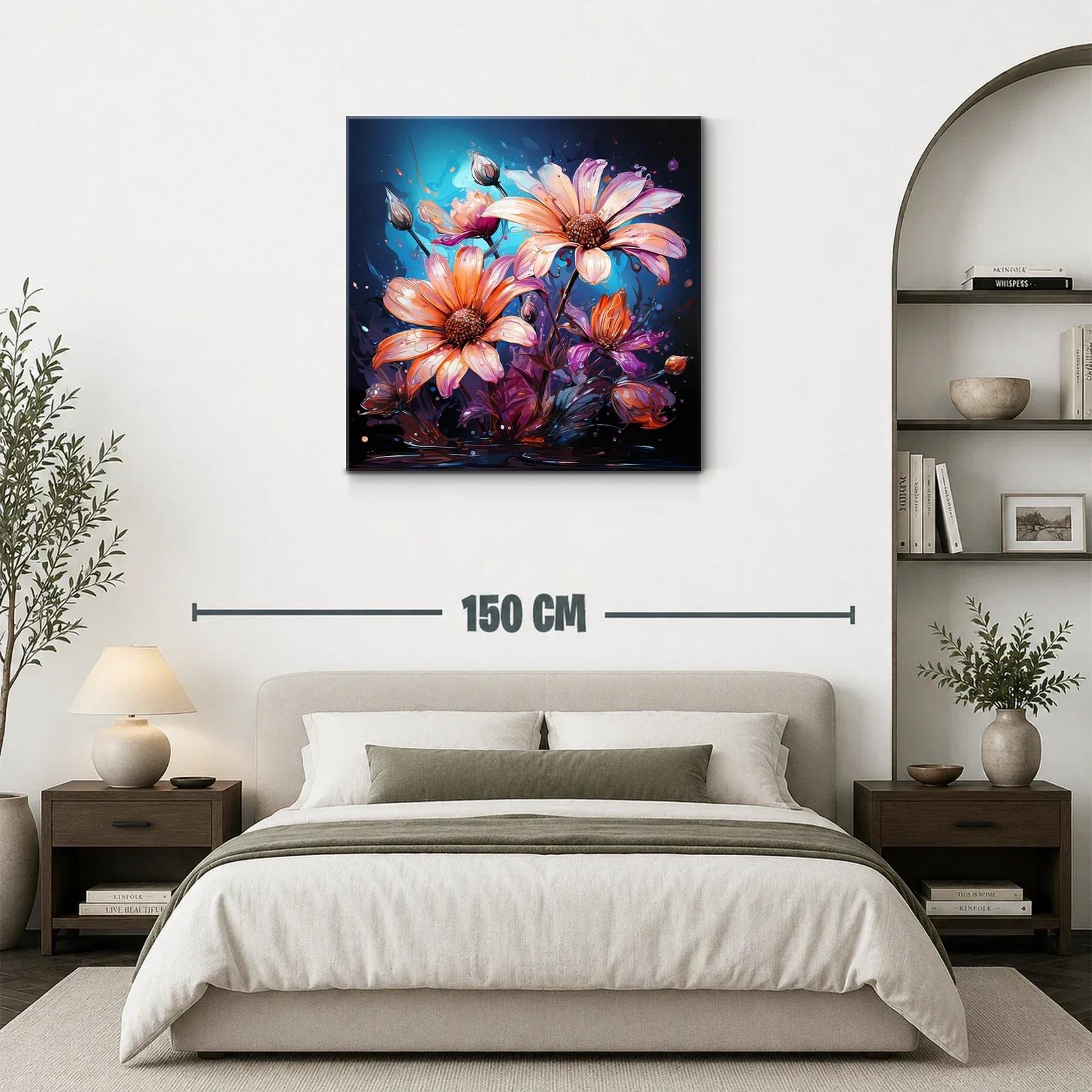 Cuadro con flores vibrantes en tonos cálidos y fondo azul — miniatura 3