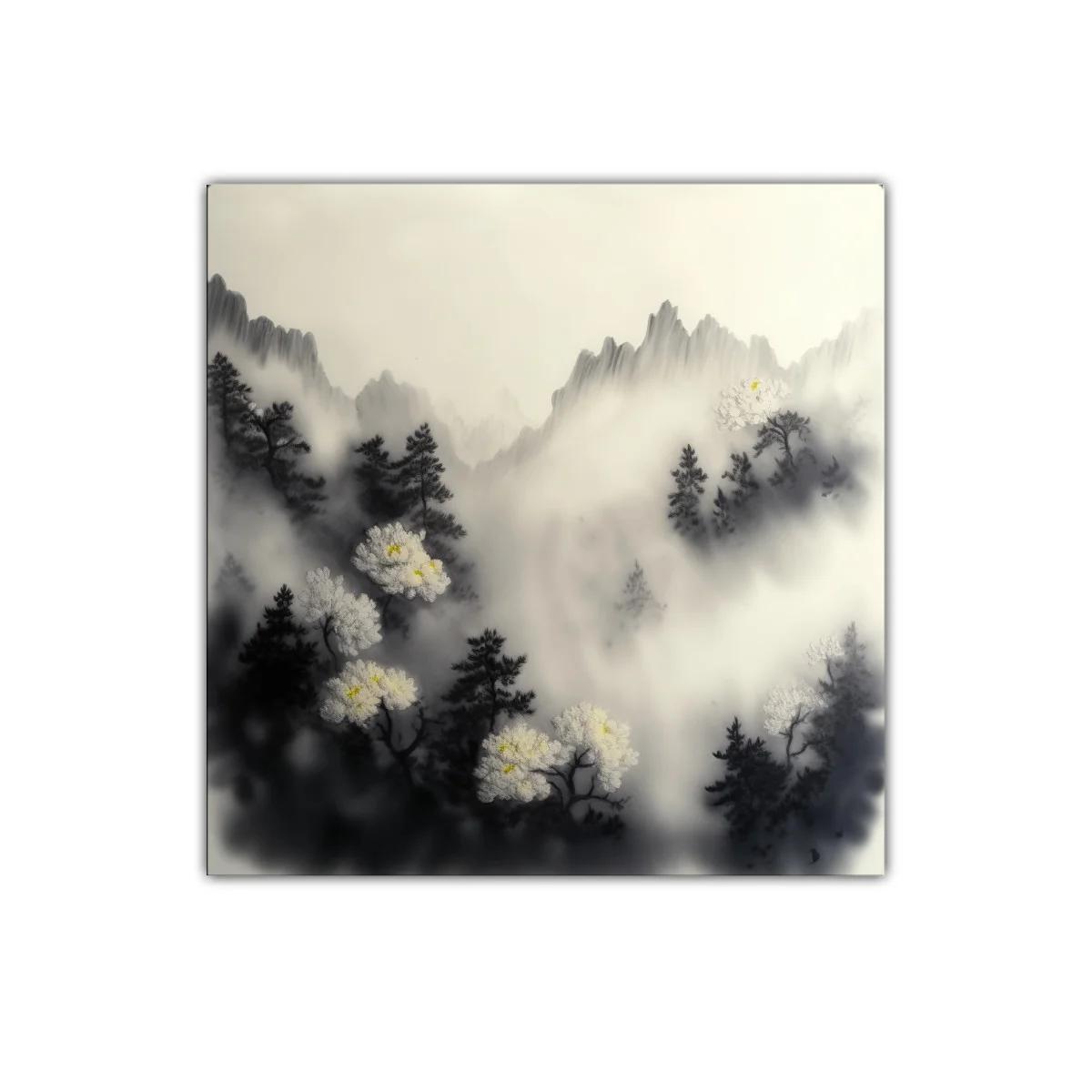 Paisaje de montaña con flores blancas y bruma etérea — miniatura 1