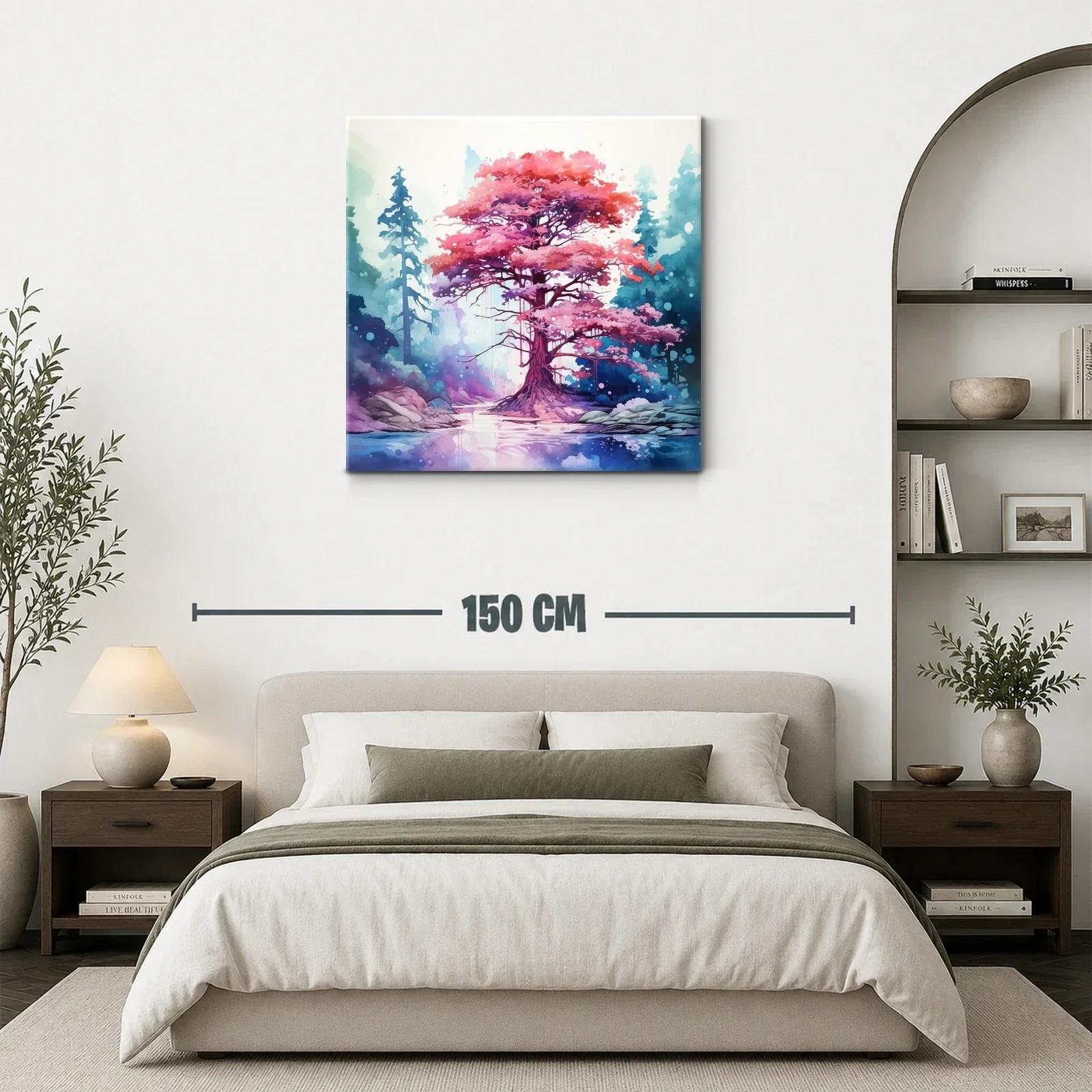 Árbol rosa mágico entre bosque azul y lago tranquilo — miniatura 3