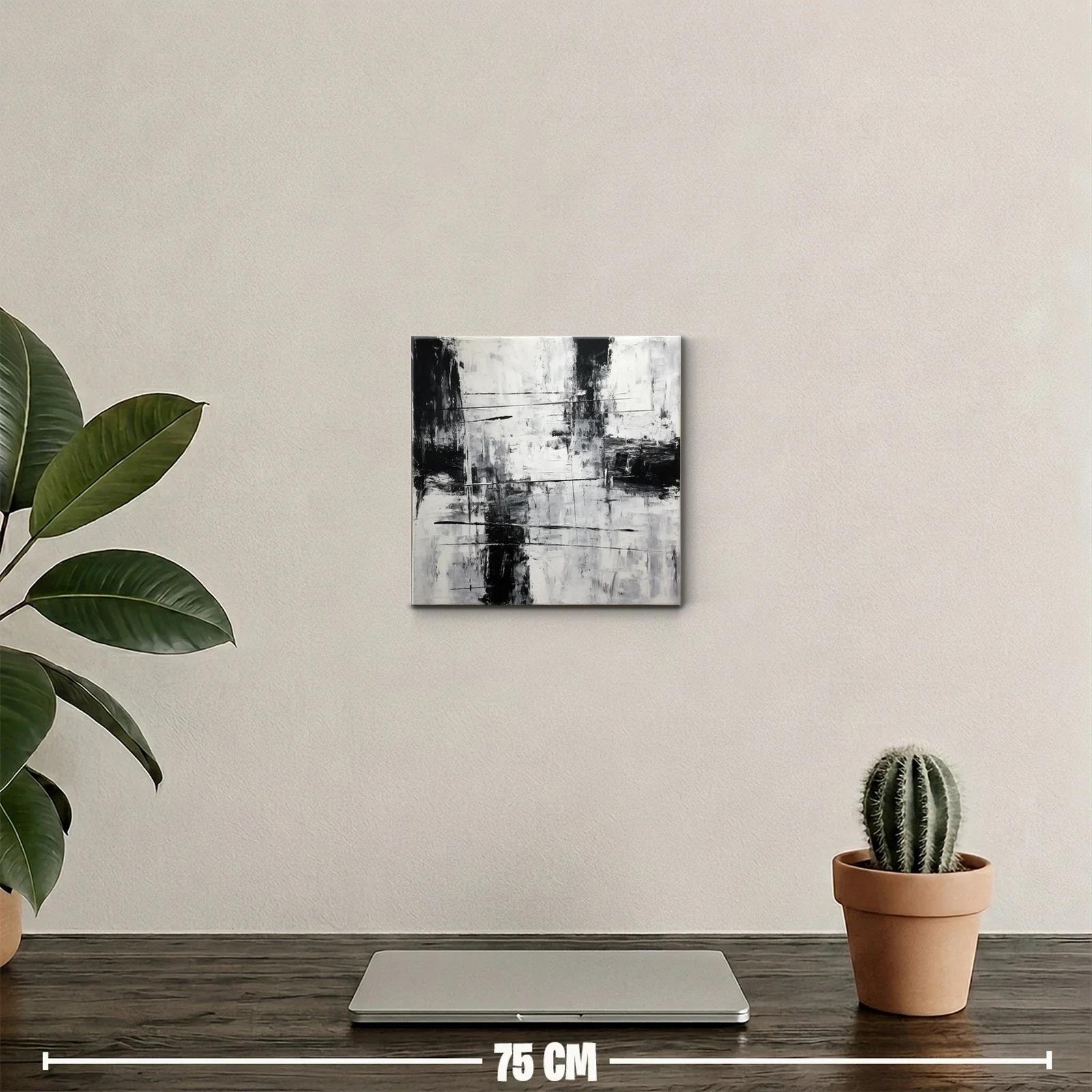 Cuadro abstracto en blanco y negro con textura y líneas dinámicas — miniatura 2