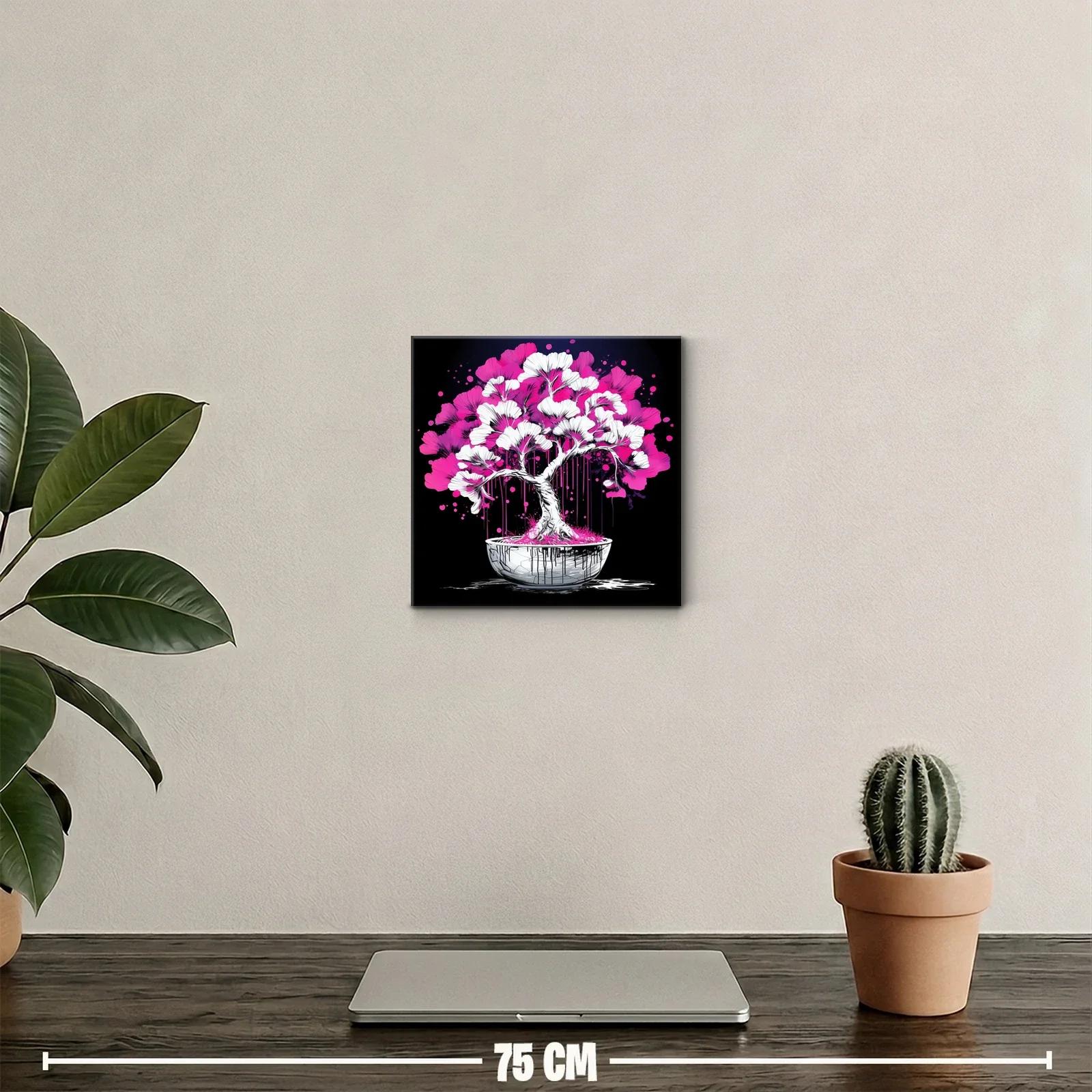 Árbol bonsái vibrante con flores rosa y blancas sobre fondo negro — miniatura 2