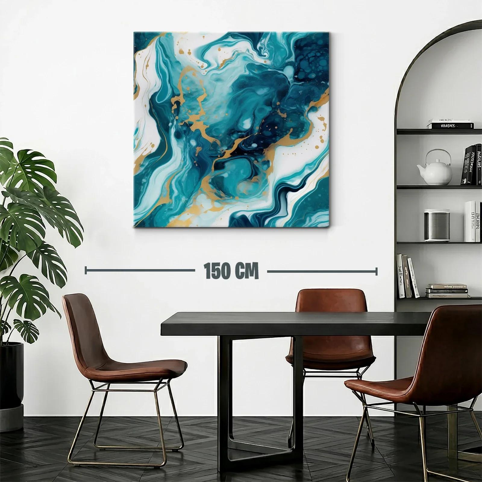 Cuadro abstracto con tonos turquesa y dorados vibrantes — miniatura 2