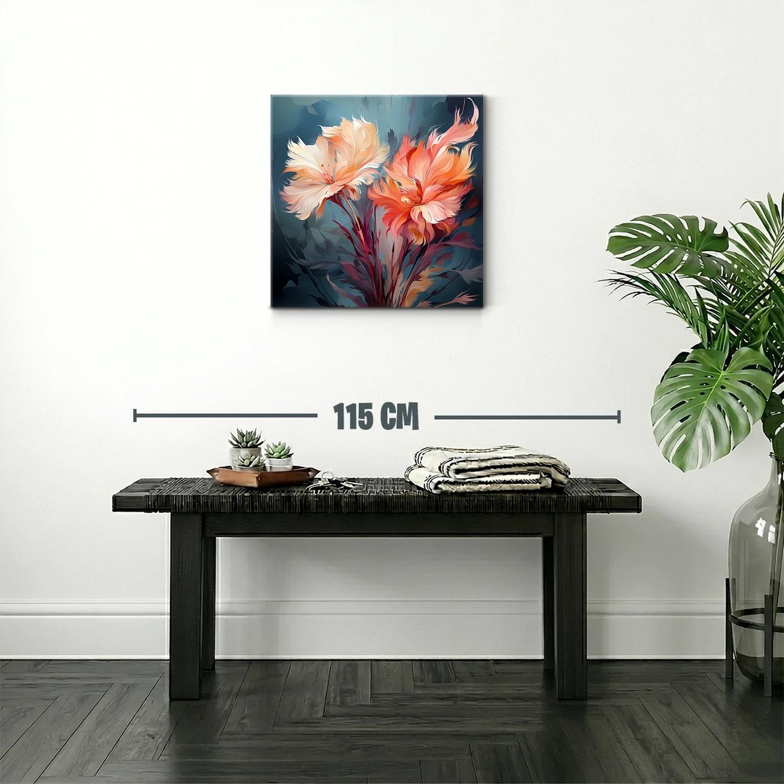 Cuadro floral con tonos cálidos y fondo azul profundo — miniatura 2