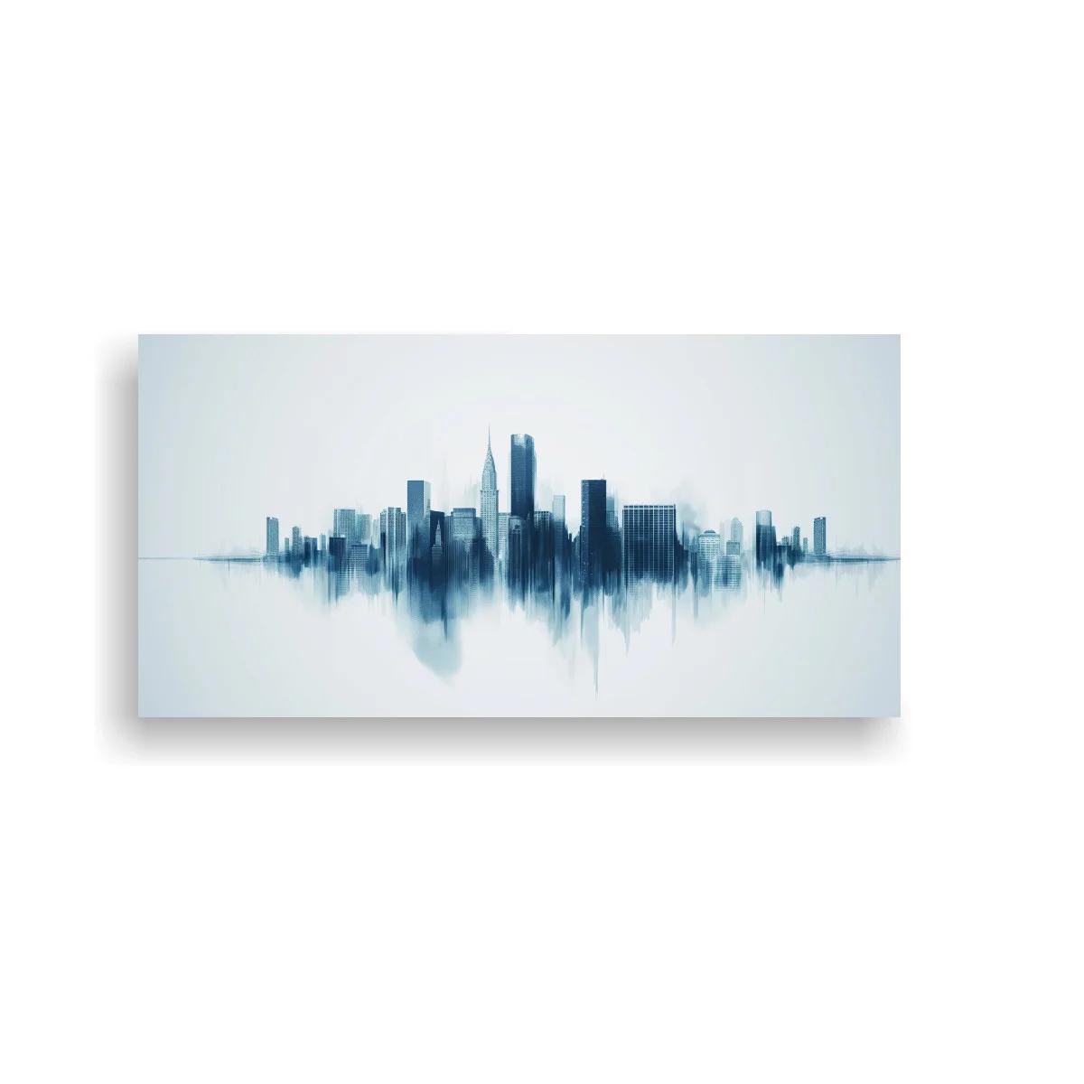 Cuadro skyline urbano azul con reflejo vertical suavizado — imagen principal