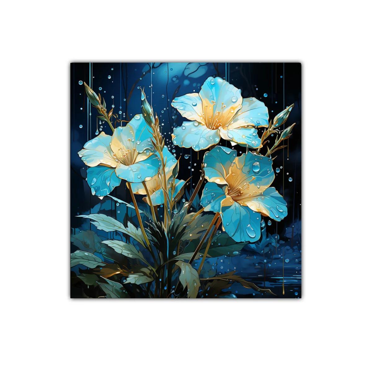 Flores luminosas en tonos azulados con gotas de agua
