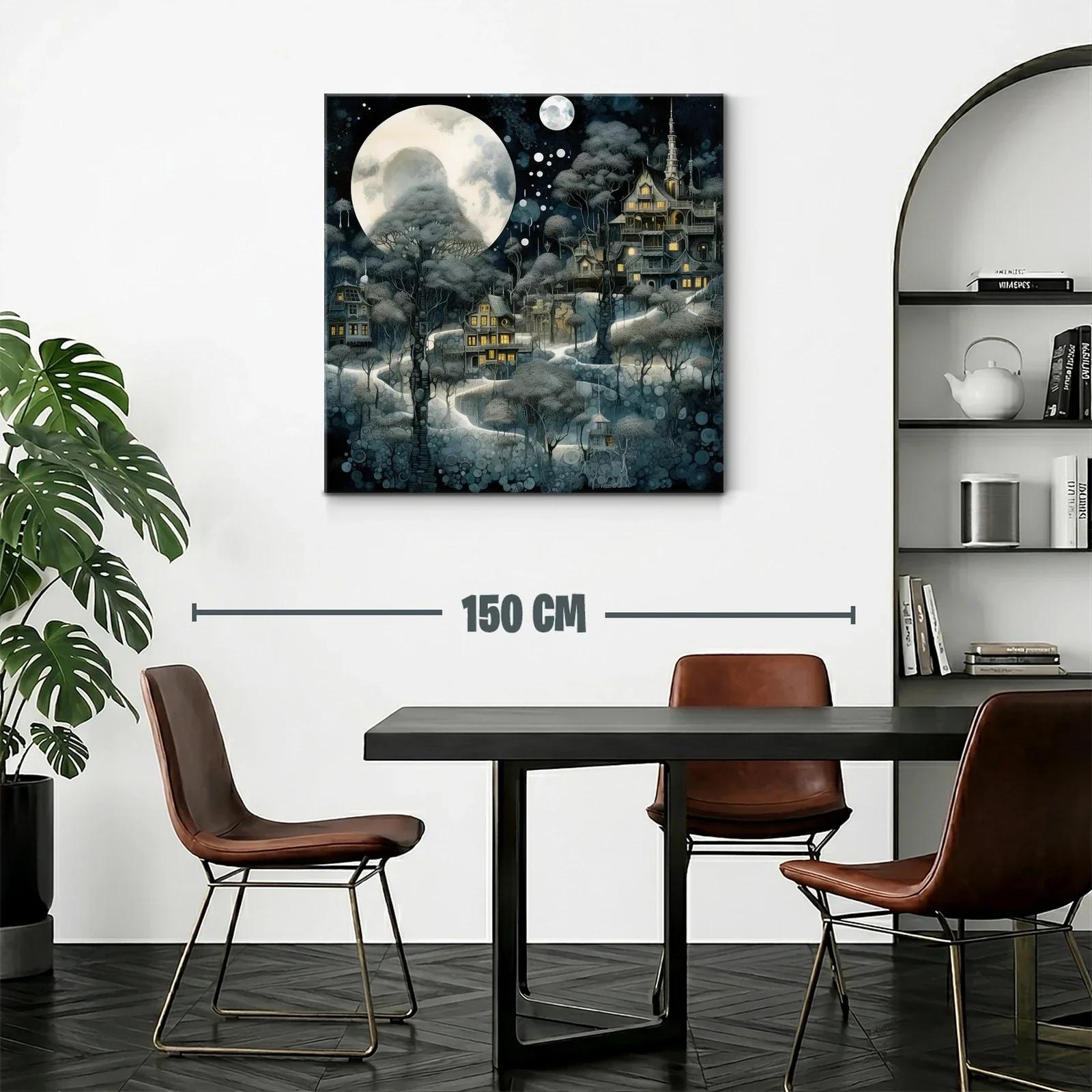 Pueblo encantado bajo la luna llena y árboles del bosque — miniatura 2