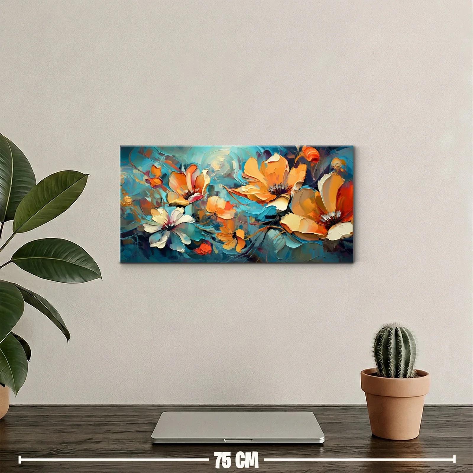 Cuadro magnolias naranjas y crema con fondo turquesa — miniatura 2
