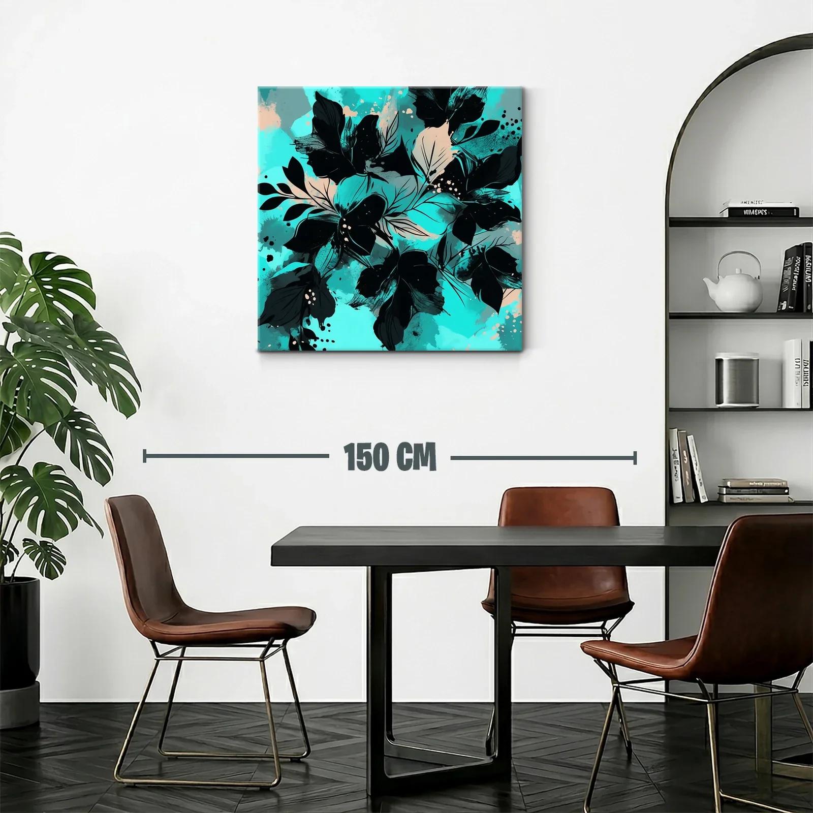 Cuadro moderno con motivos florales en tonos turquesa y negro — miniatura 2