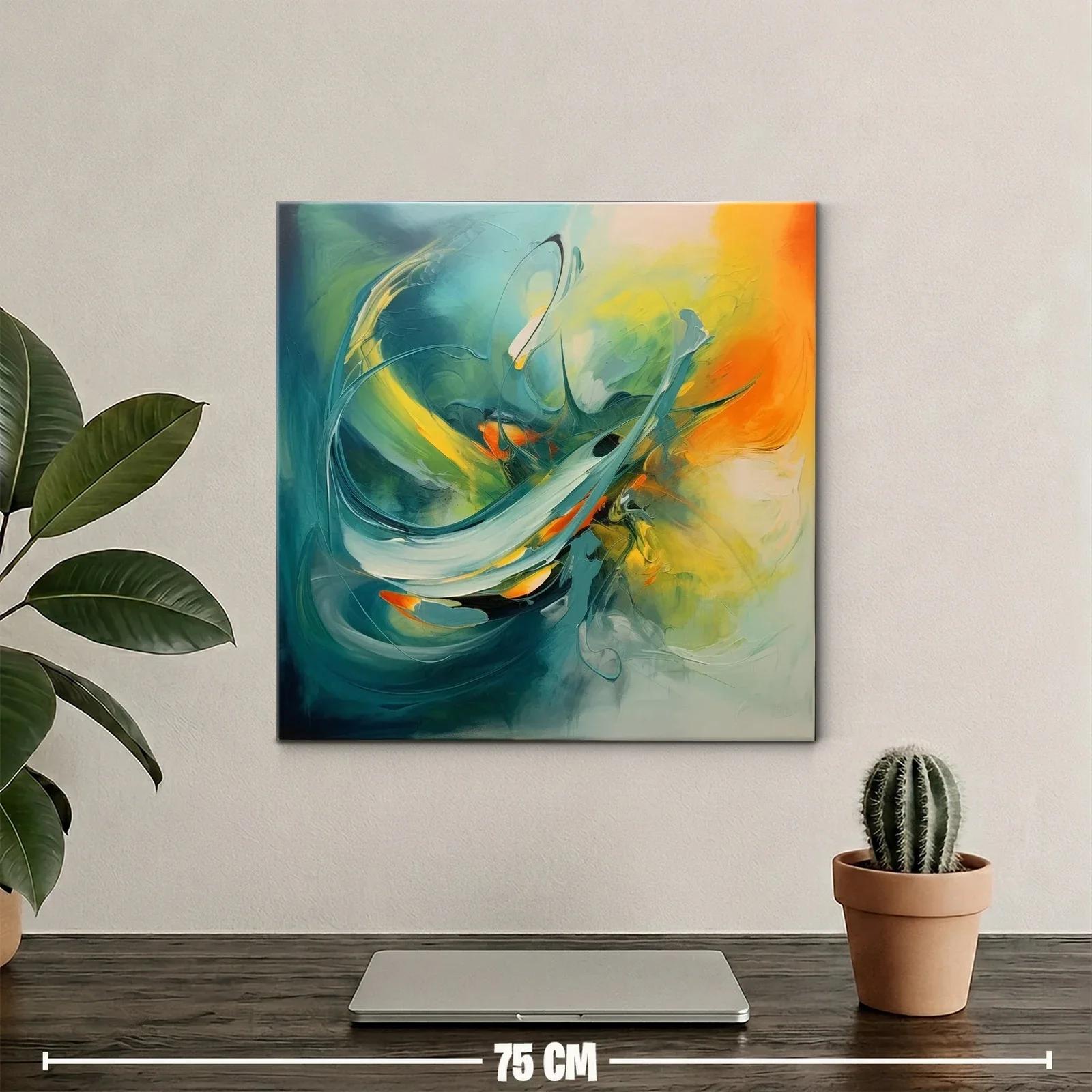 Cuadro abstracto con dinamismo en tonos verdes y naranjas — miniatura 2