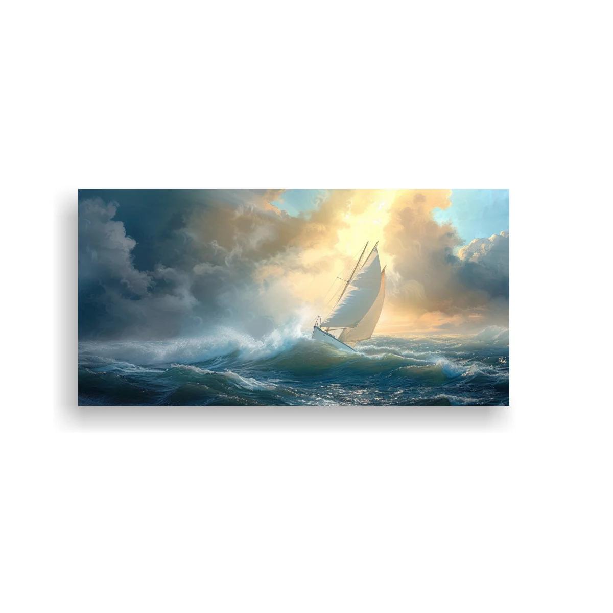 Cuadro velero de una sola vela con resplandor dorado — imagen principal