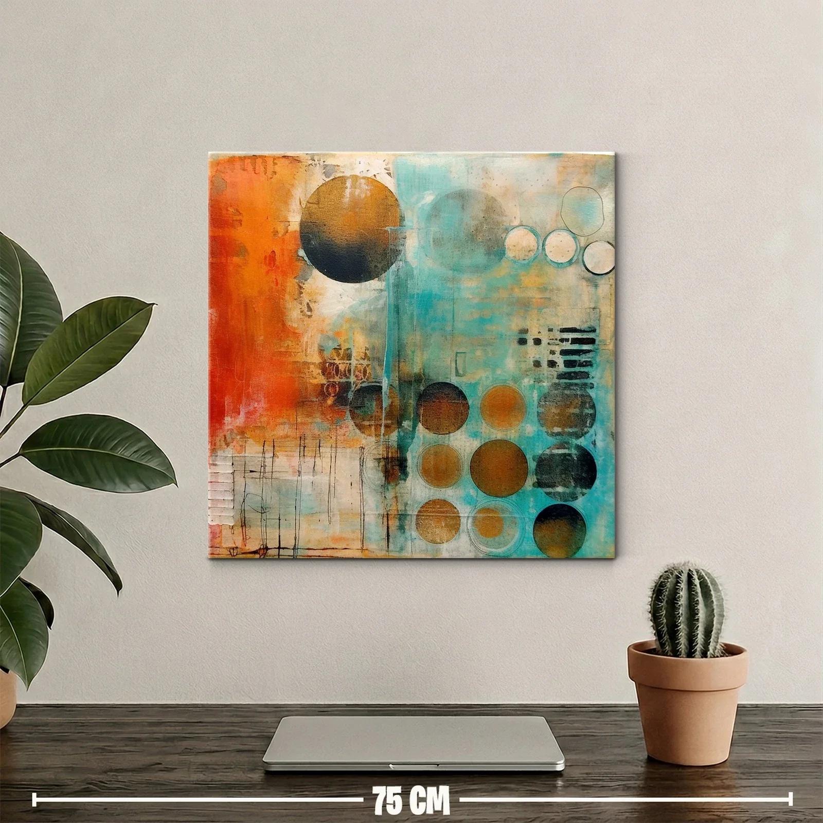Cuadro abstracto con círculos en tonos cálidos y turquesa — miniatura 2