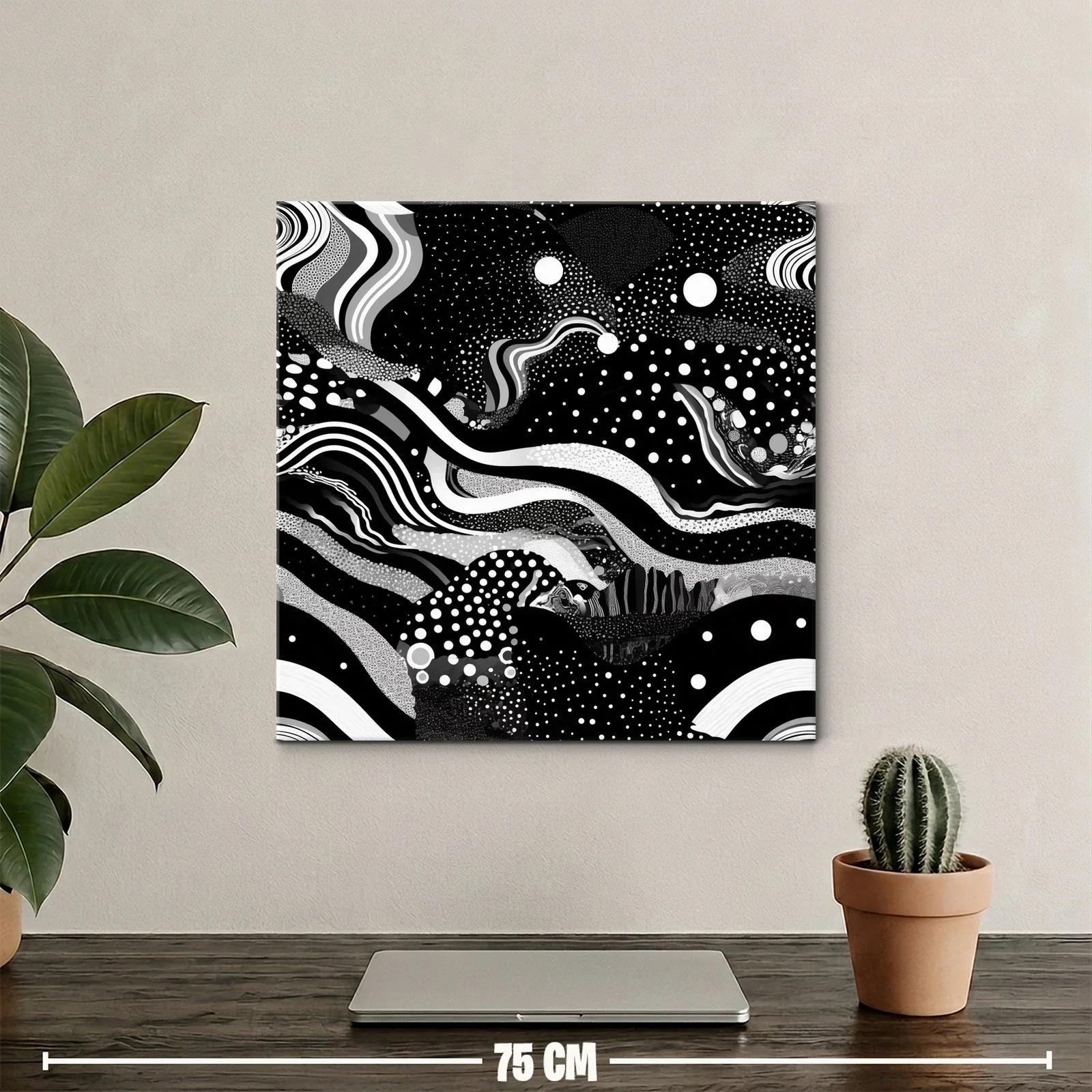 Cuadro abstracto en blanco y negro con formas y puntos dinámicos — miniatura 2