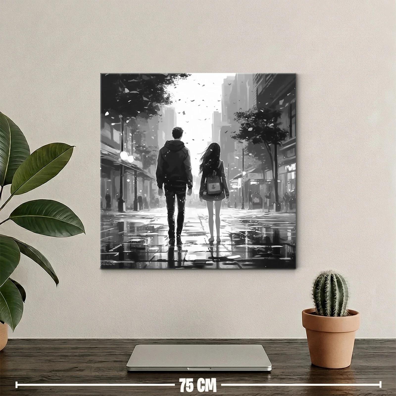 Pareja caminando en ciudad bajo lluvia suave en blanco y negro — miniatura 2
