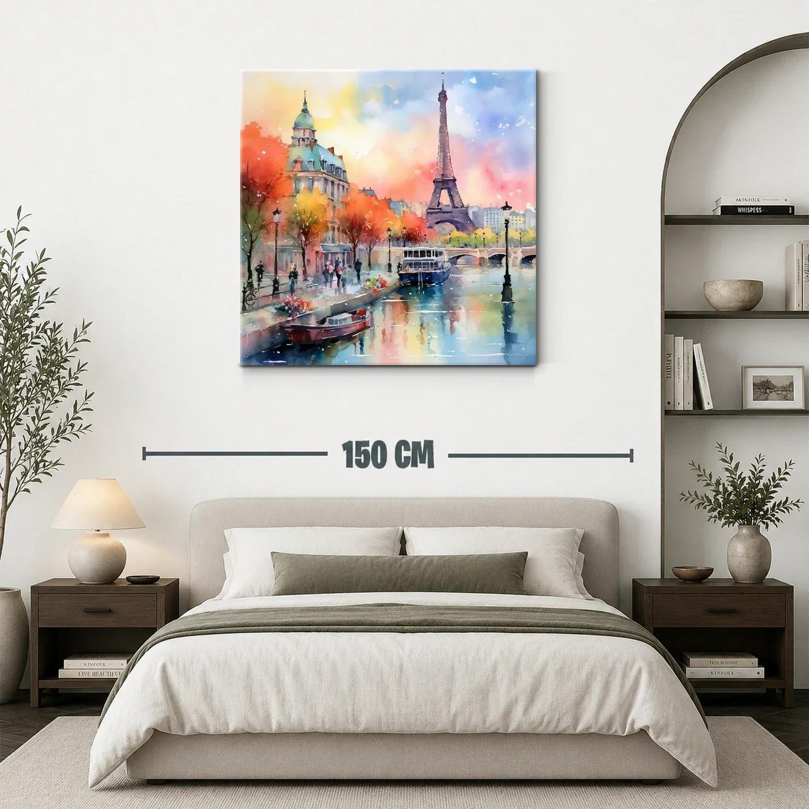 Paisaje urbano con la torre Eiffel y río al atardecer — miniatura 3