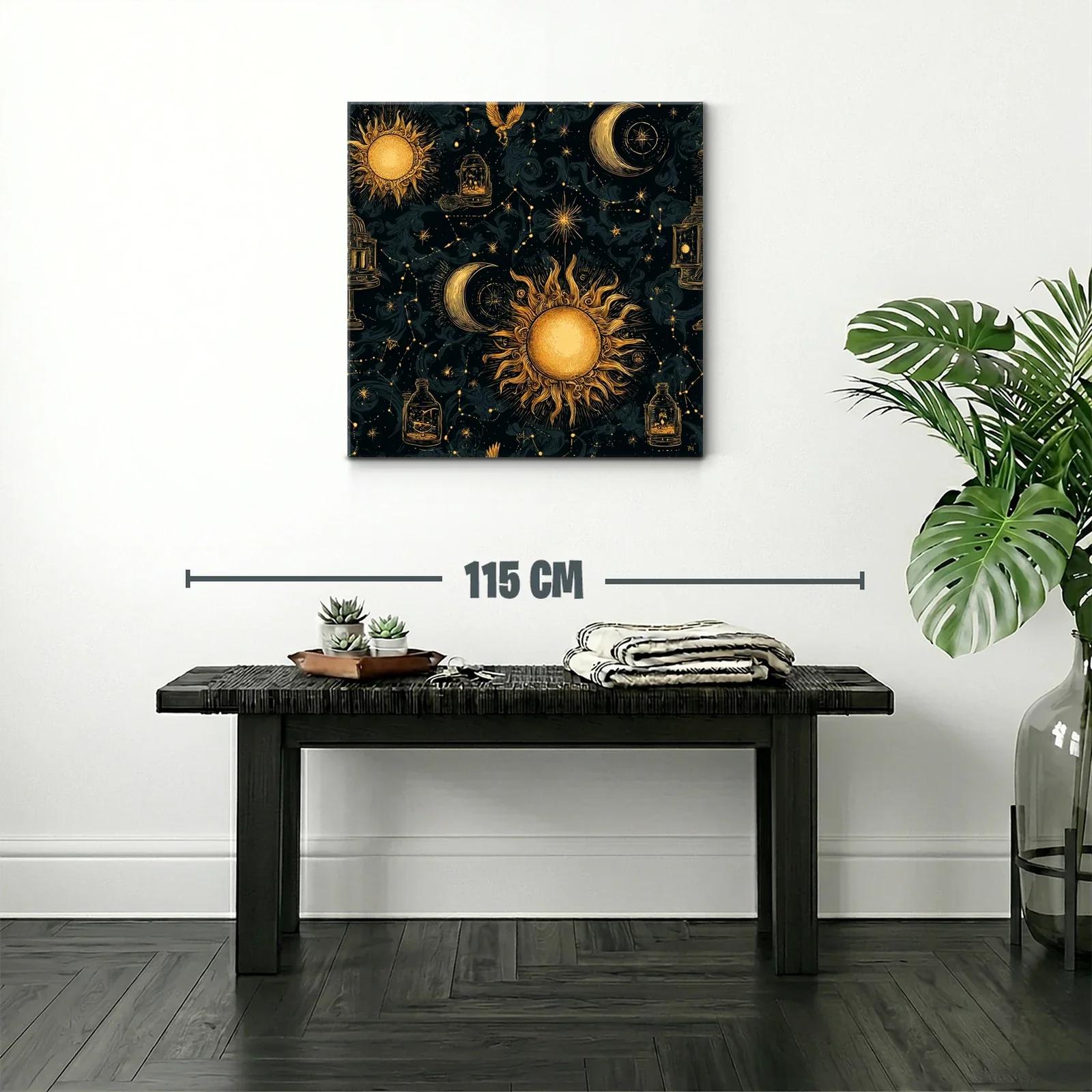 Cuadro celestial con sol y luna en tonos dorados y negros — miniatura 2