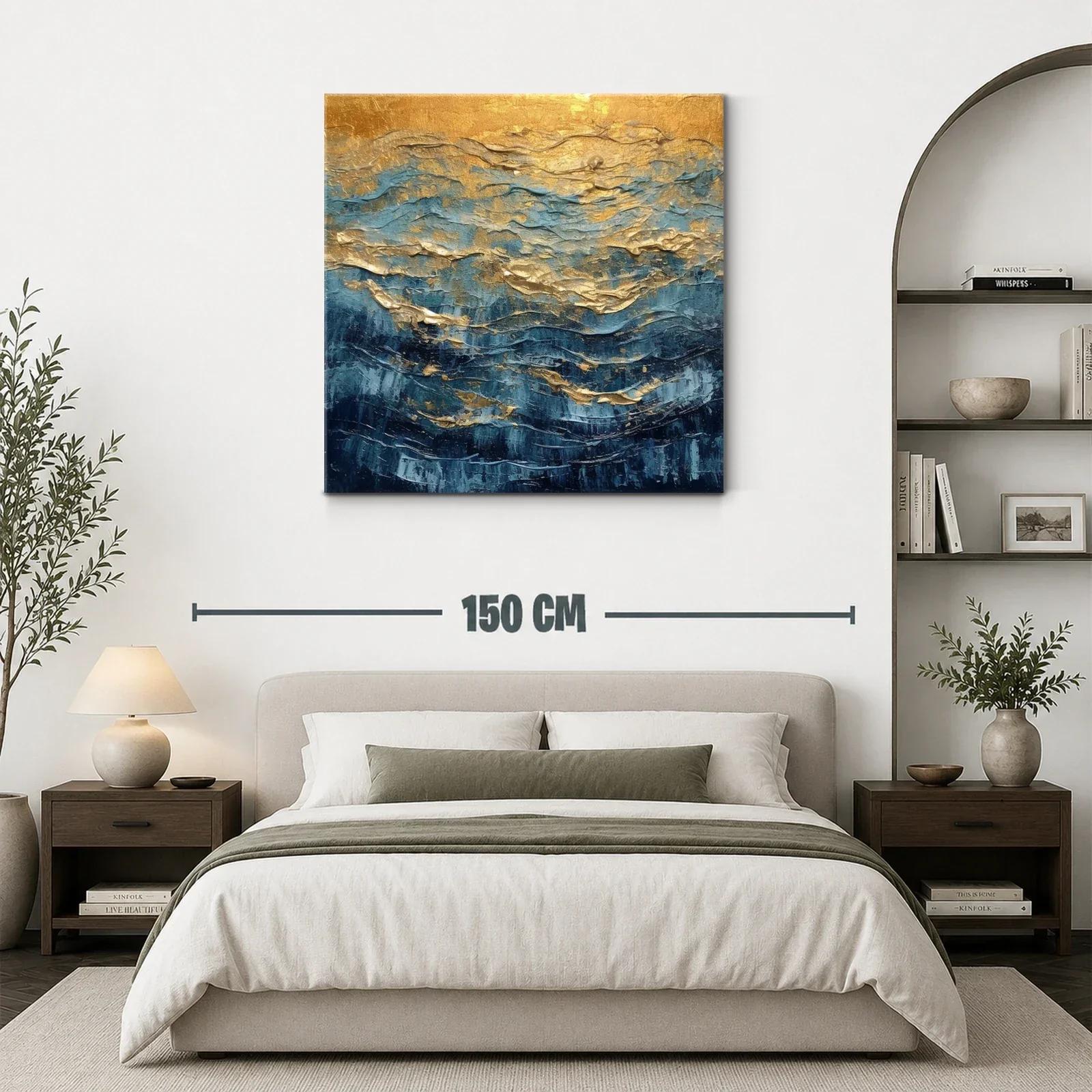 Cuadro abstracto con tonos dorados y azules vibrantes — miniatura 3