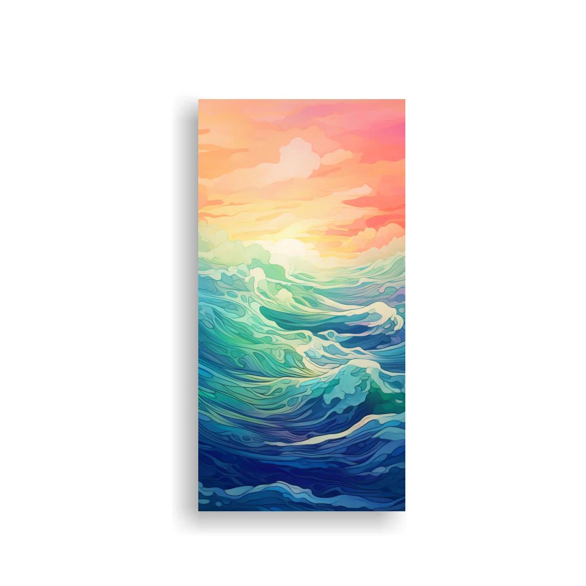Cuadro olas del mar con cielo coral y luz cálida — imagen principal