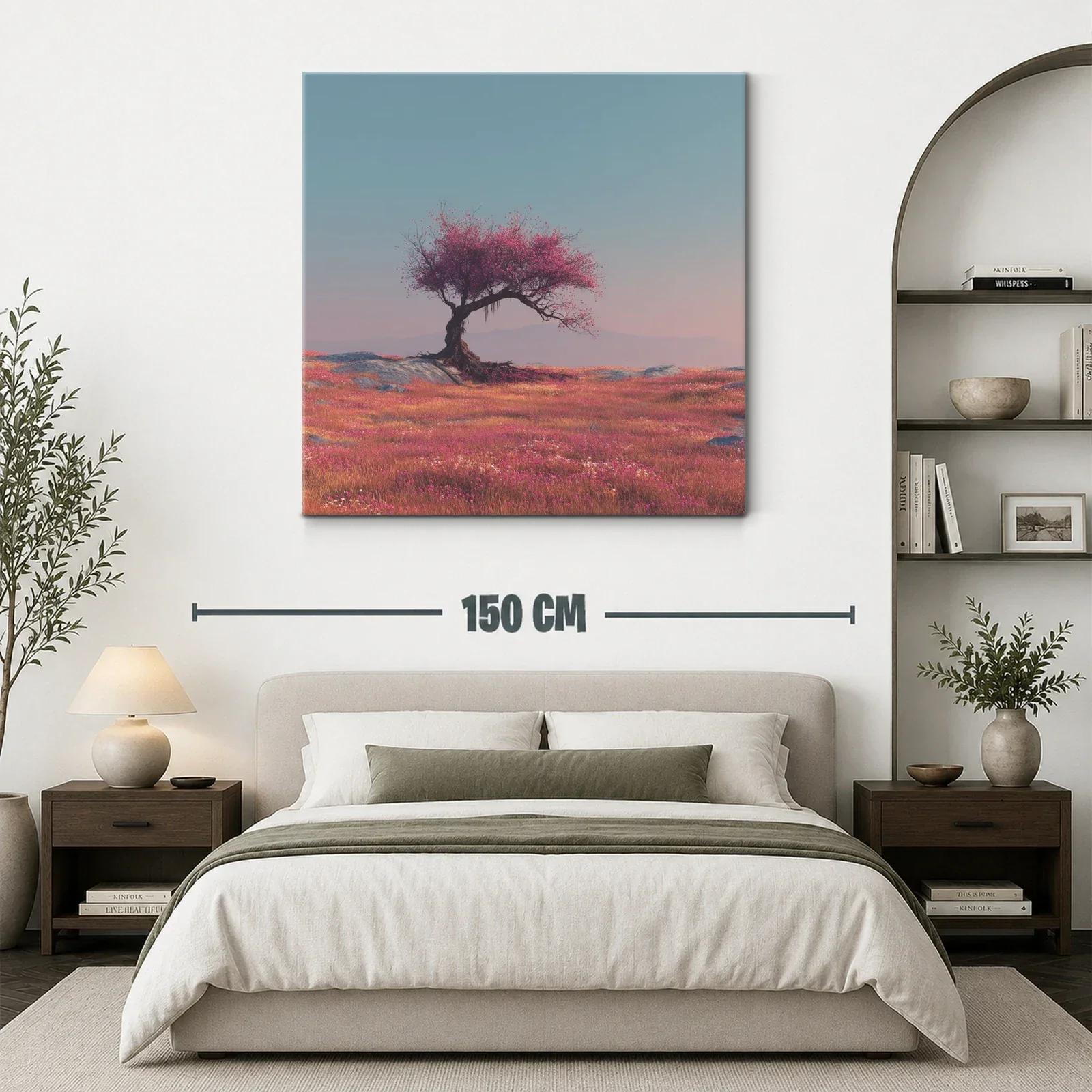 Árbol solitario en campo de flores vibrantes al amanecer — miniatura 3