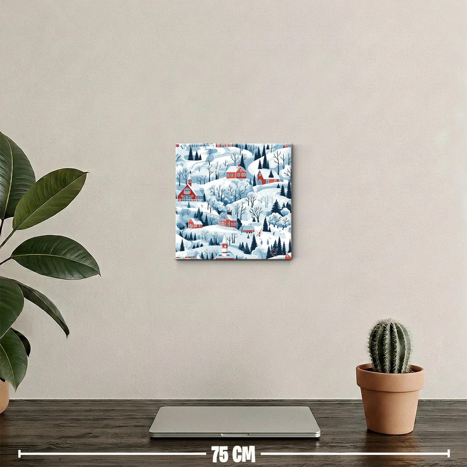 Paisaje invernal con casas rojas en colinas nevadas — miniatura 2