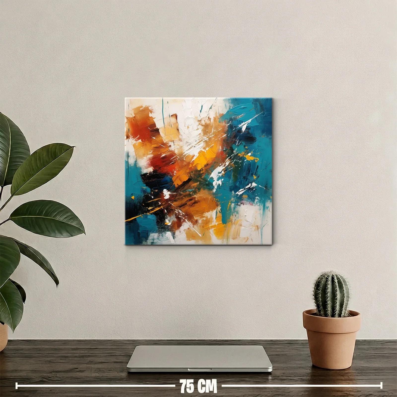 Cuadro abstracto con tonos cálidos y azul turquesa vibrante — miniatura 2