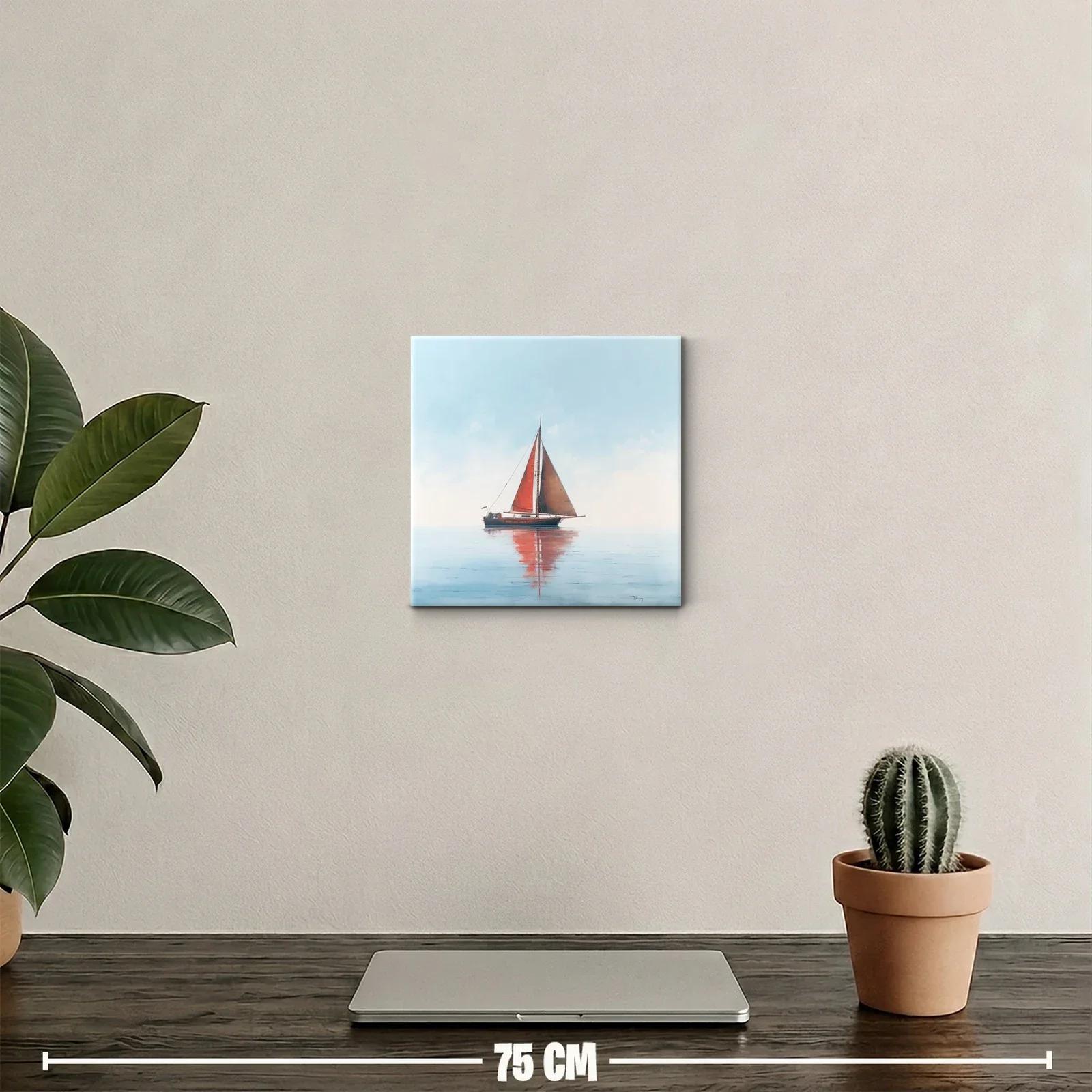 Velero con vela roja en mar tranquilo y cielo claro — miniatura 2