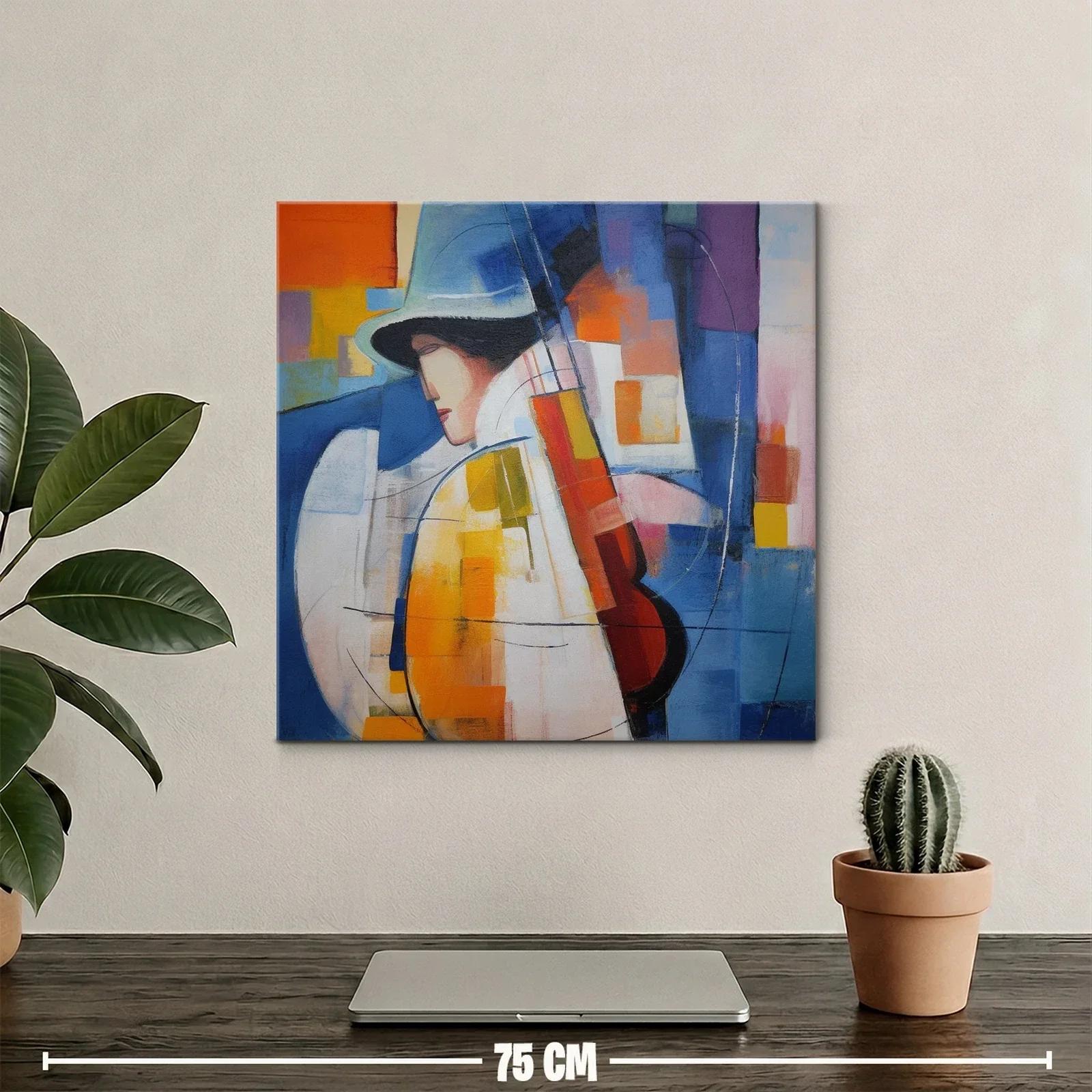 Cuadro abstracto con músico y paleta vibrante azul y naranja — miniatura 2