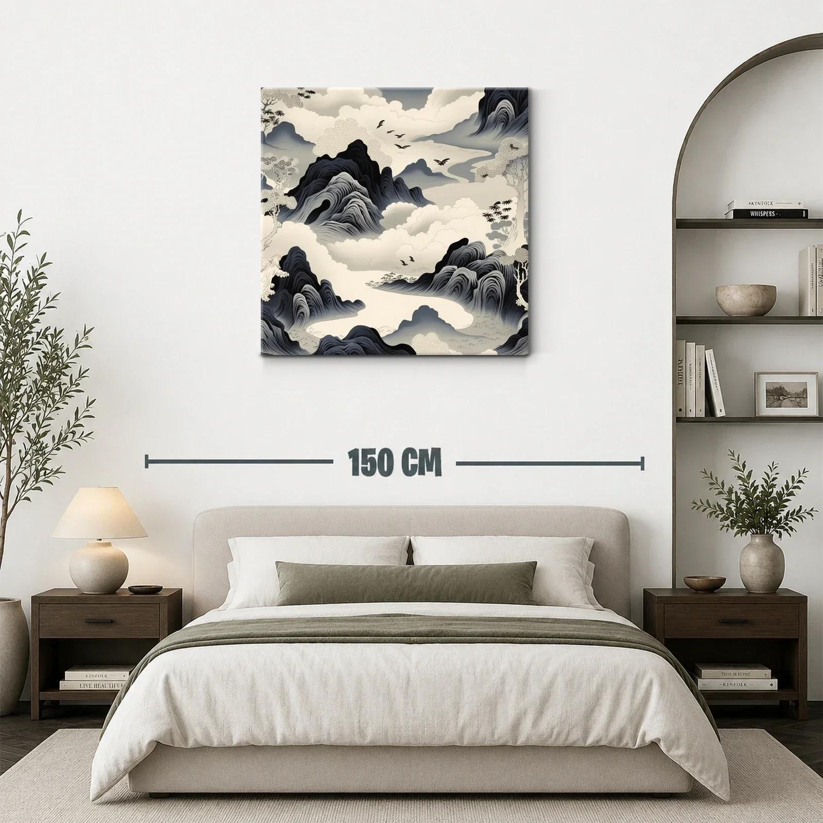 Paisaje onírico con montañas y aves en tonos neutros — miniatura 3