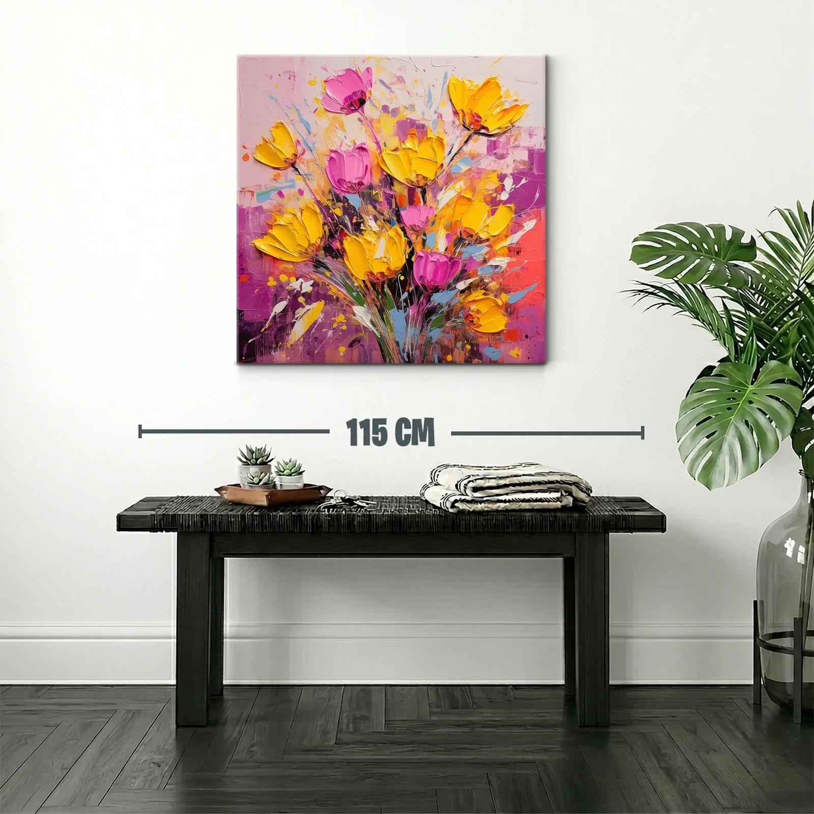 Cuadro floral vibrante con tonos amarillos y rosas intensos — miniatura 2