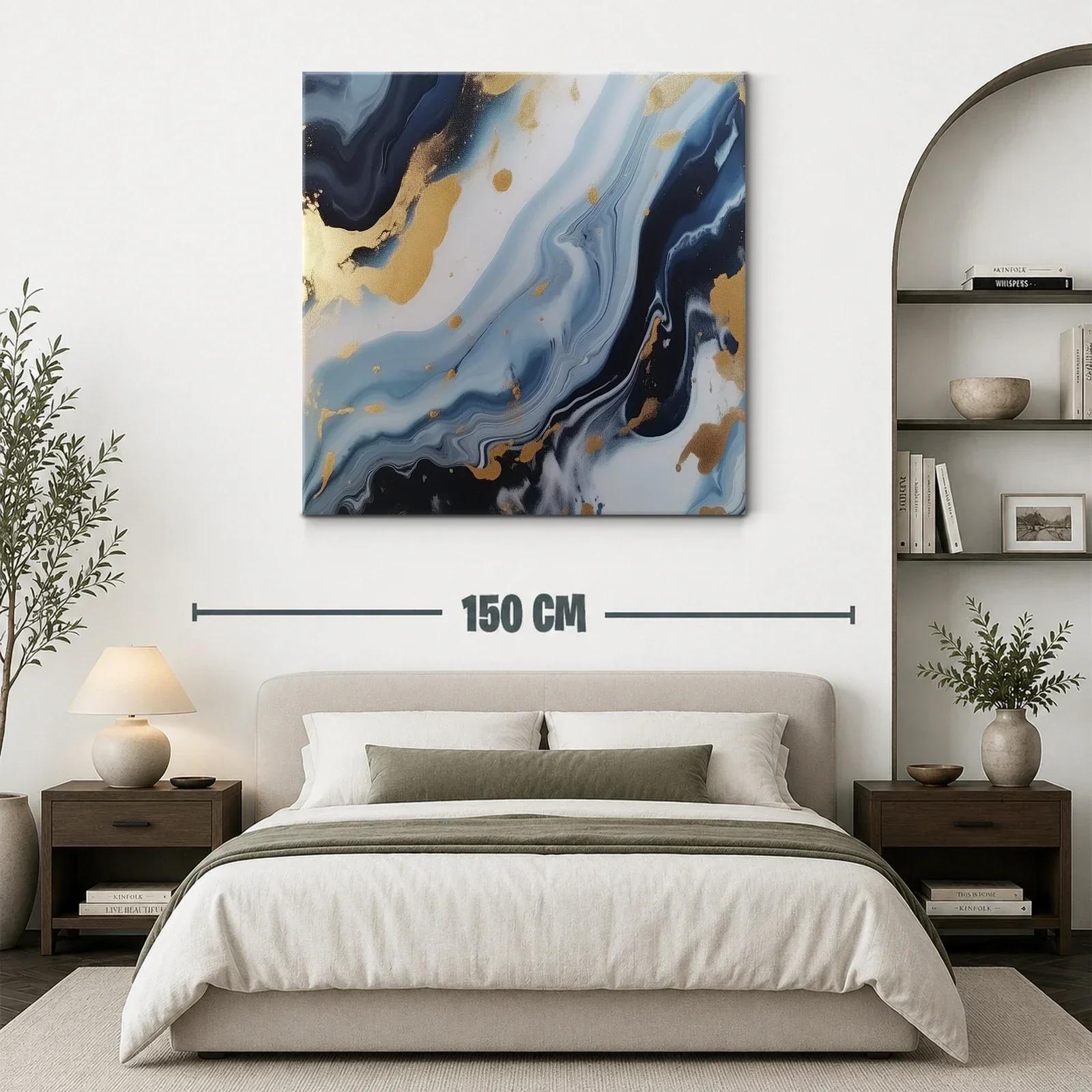 Cuadro abstracto con tonos azules y detalles dorados — miniatura 3