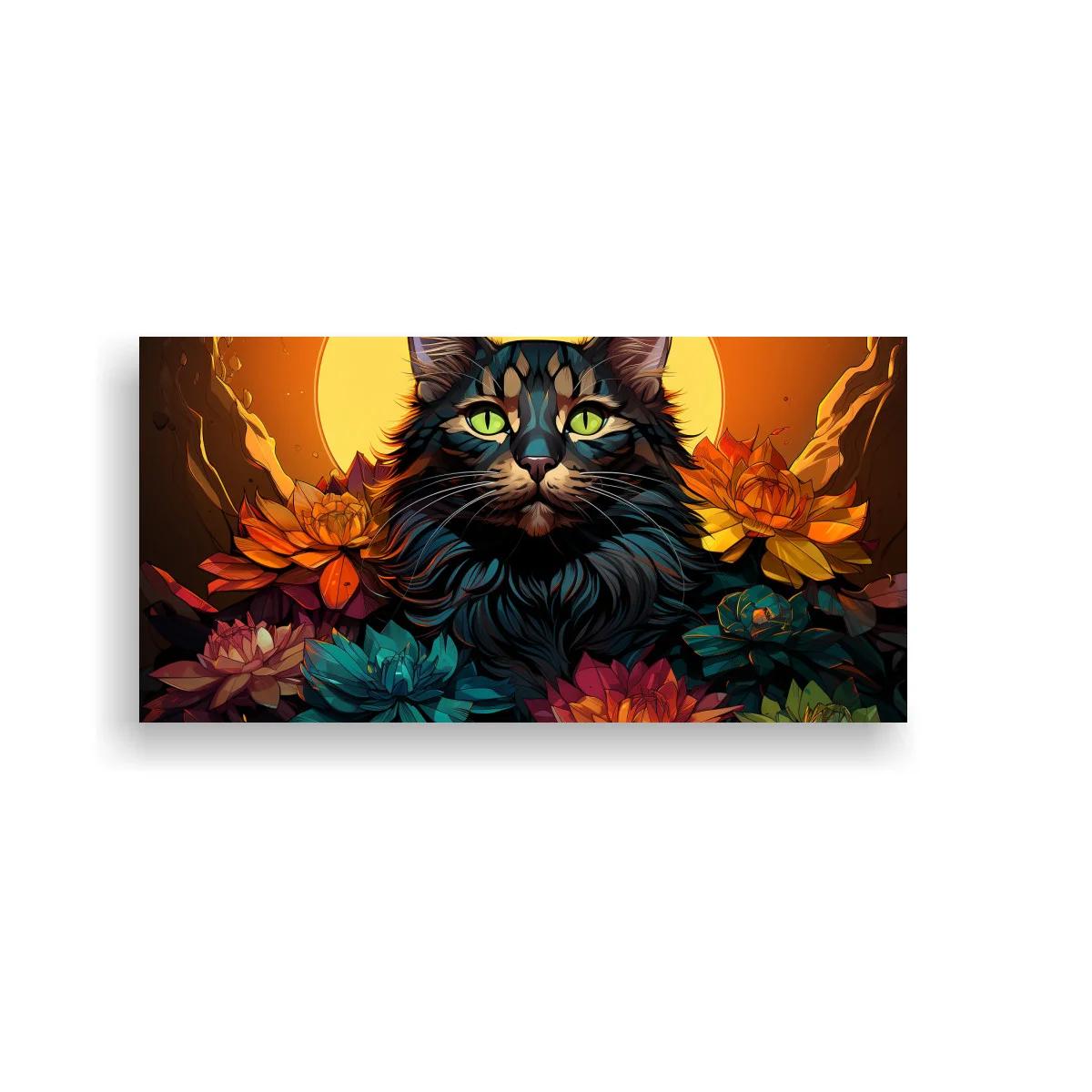 Cuadro gato negro de ojos verdes con gran sol y flores