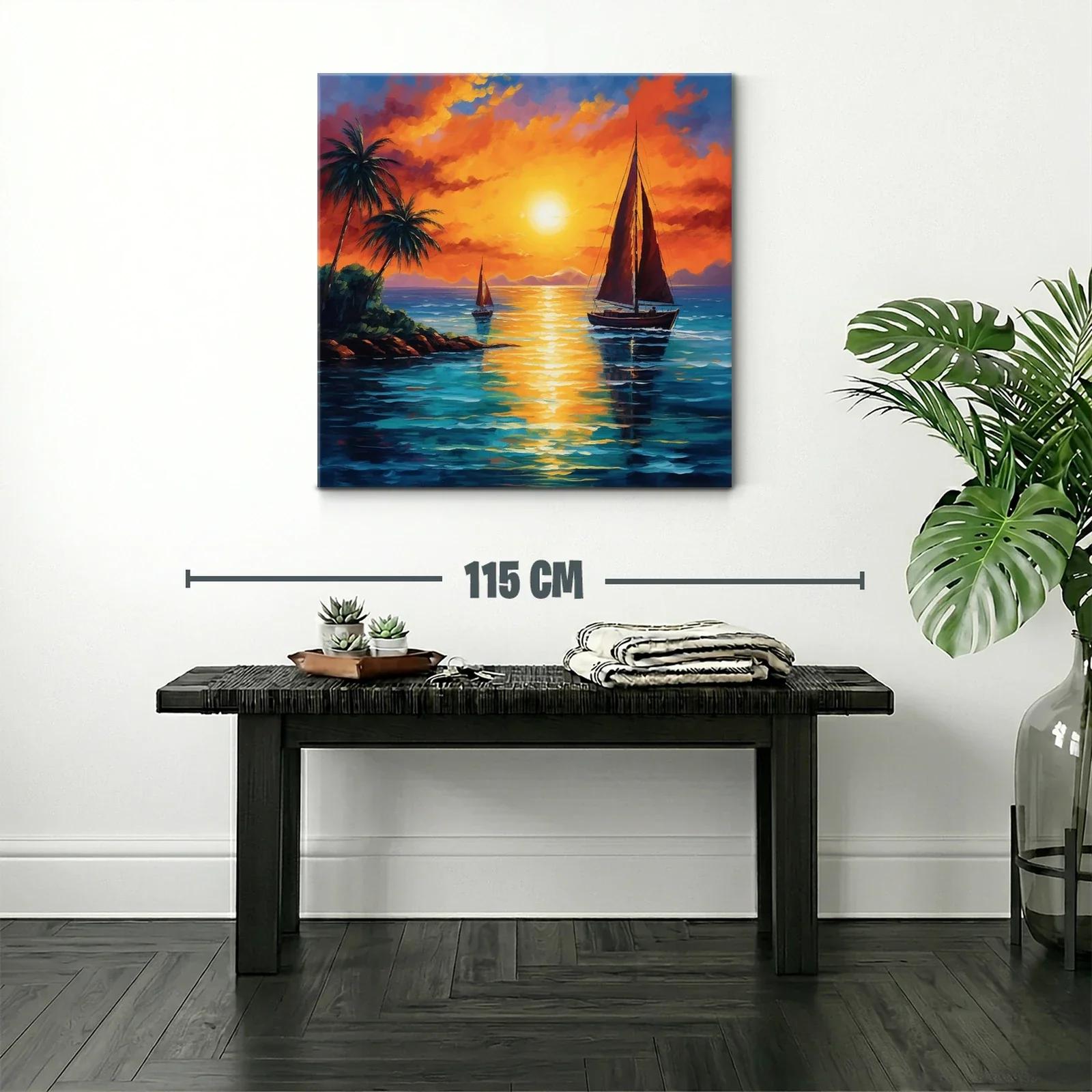 Atardecer en la costa con velero y palmeras tropicales — miniatura 2