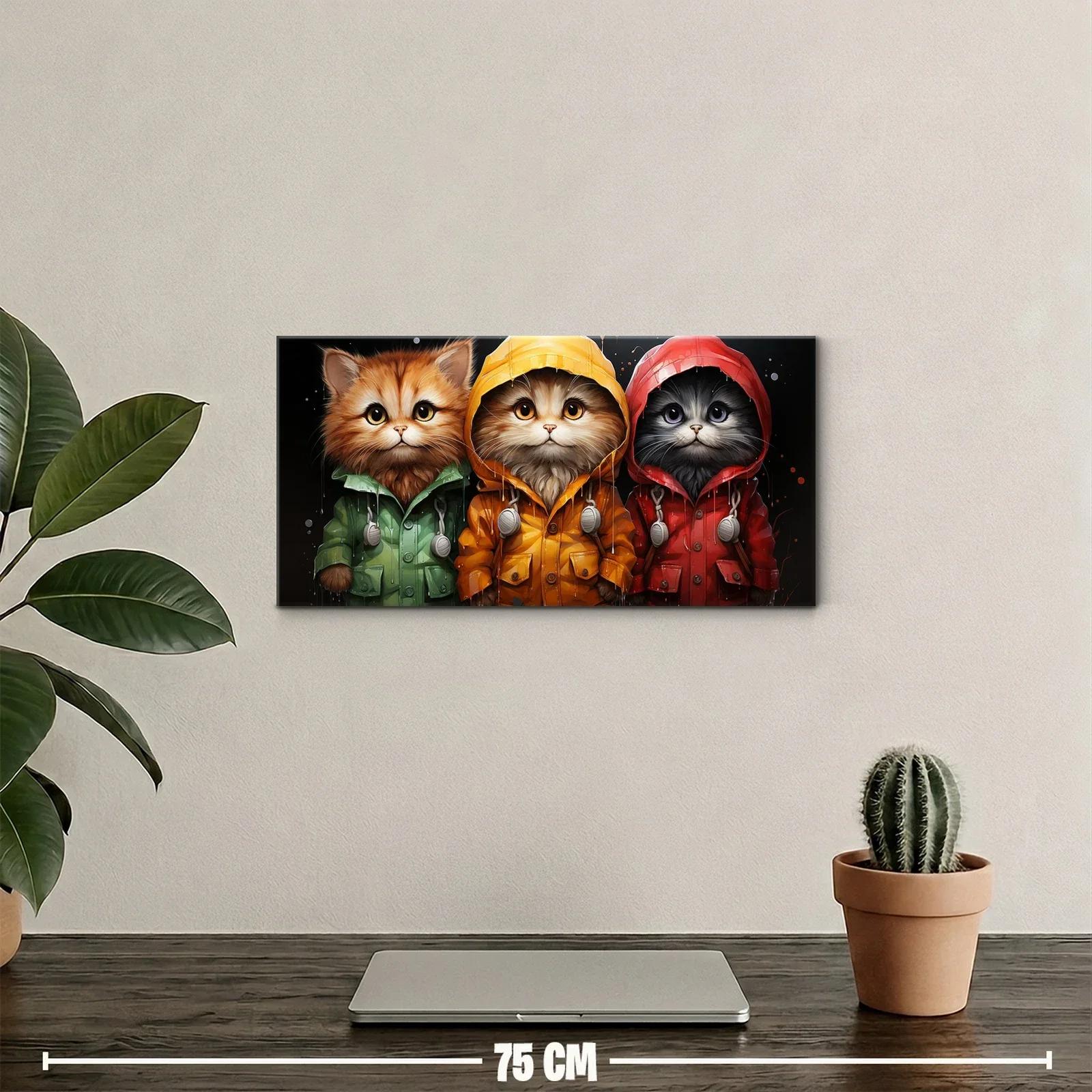 Cuadro tres gatitos con chaquetas impermeables y cordones con pompones — miniatura 2