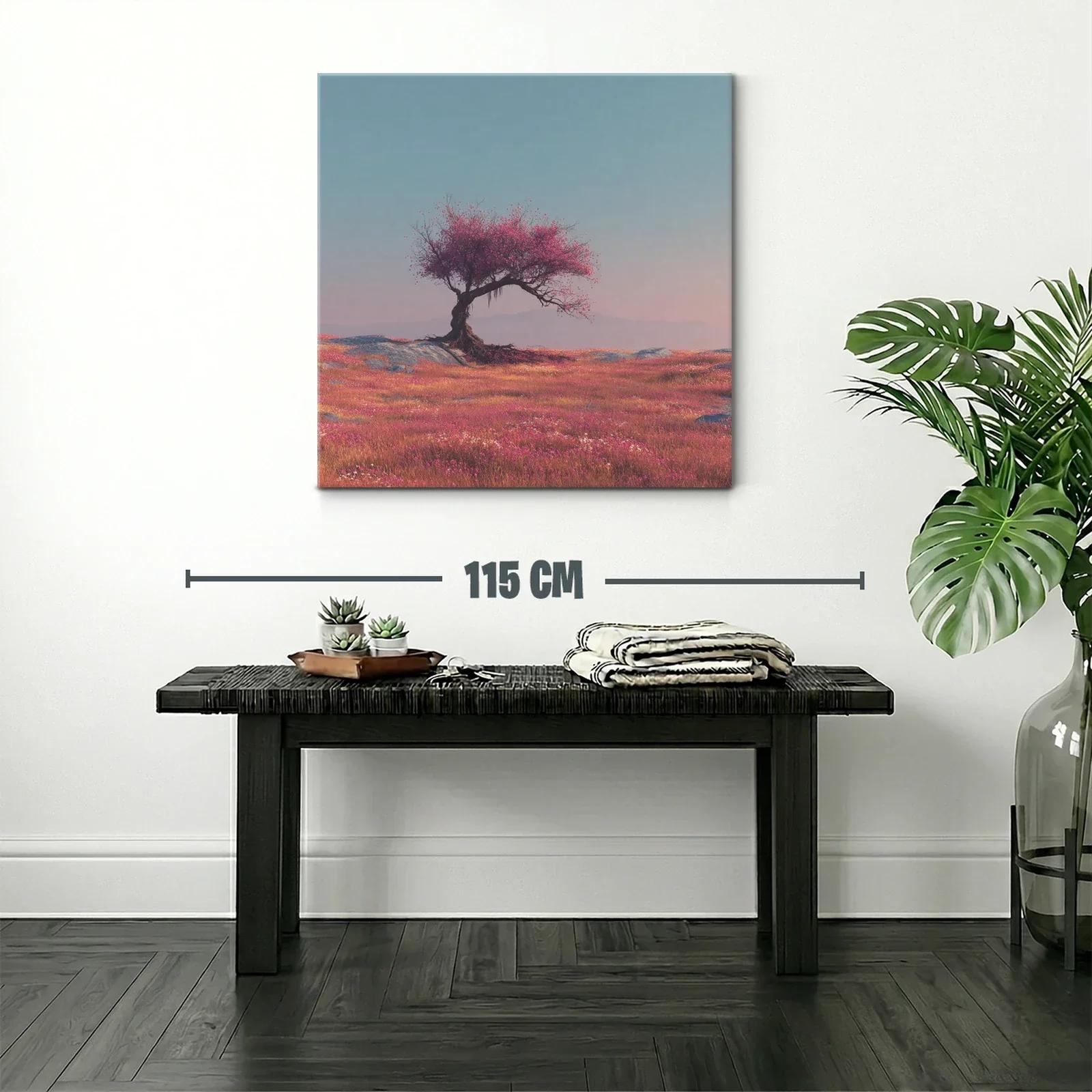 Árbol solitario en campo de flores vibrantes al amanecer — miniatura 2