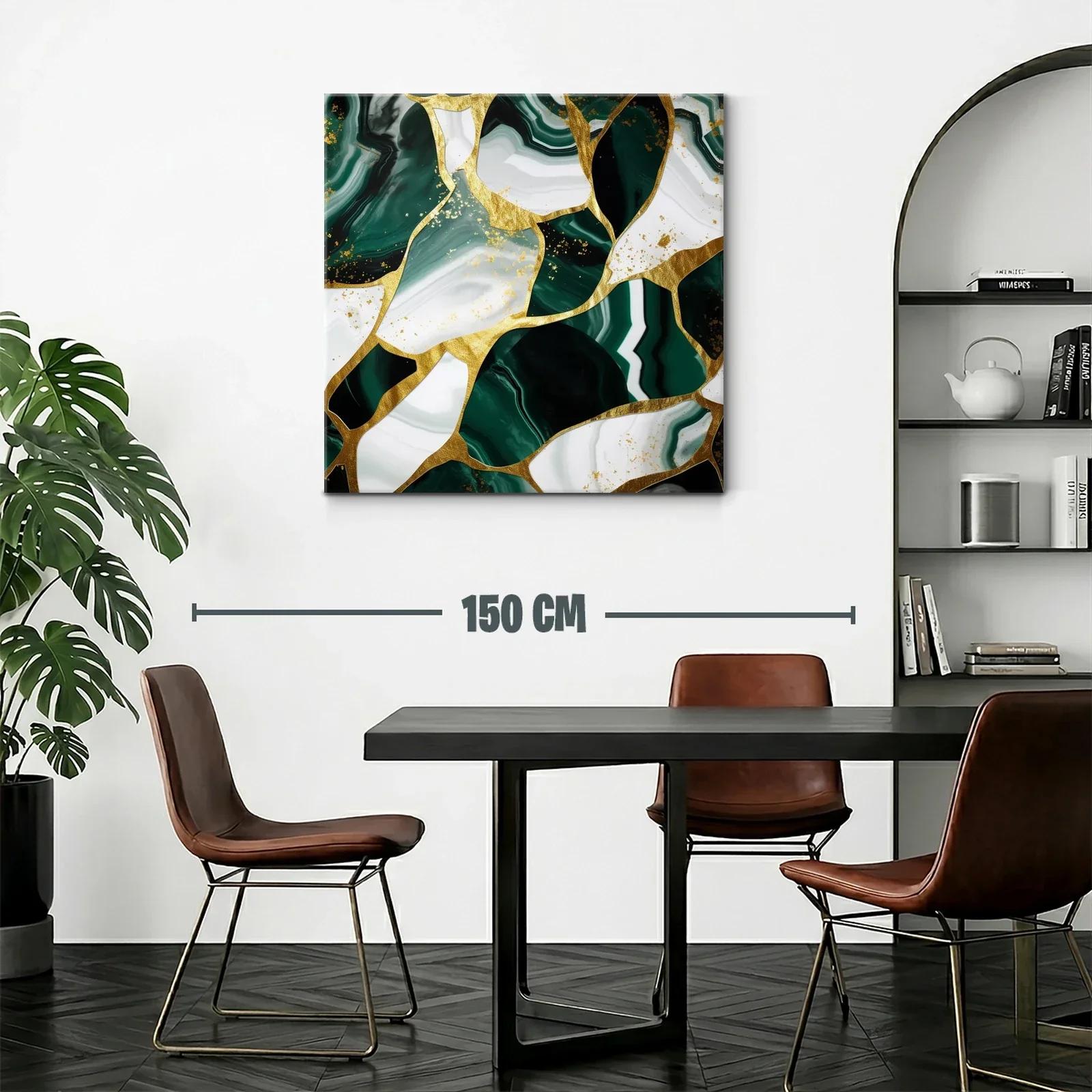 Cuadro abstracto con vetas verdes y detalles dorados — miniatura 2