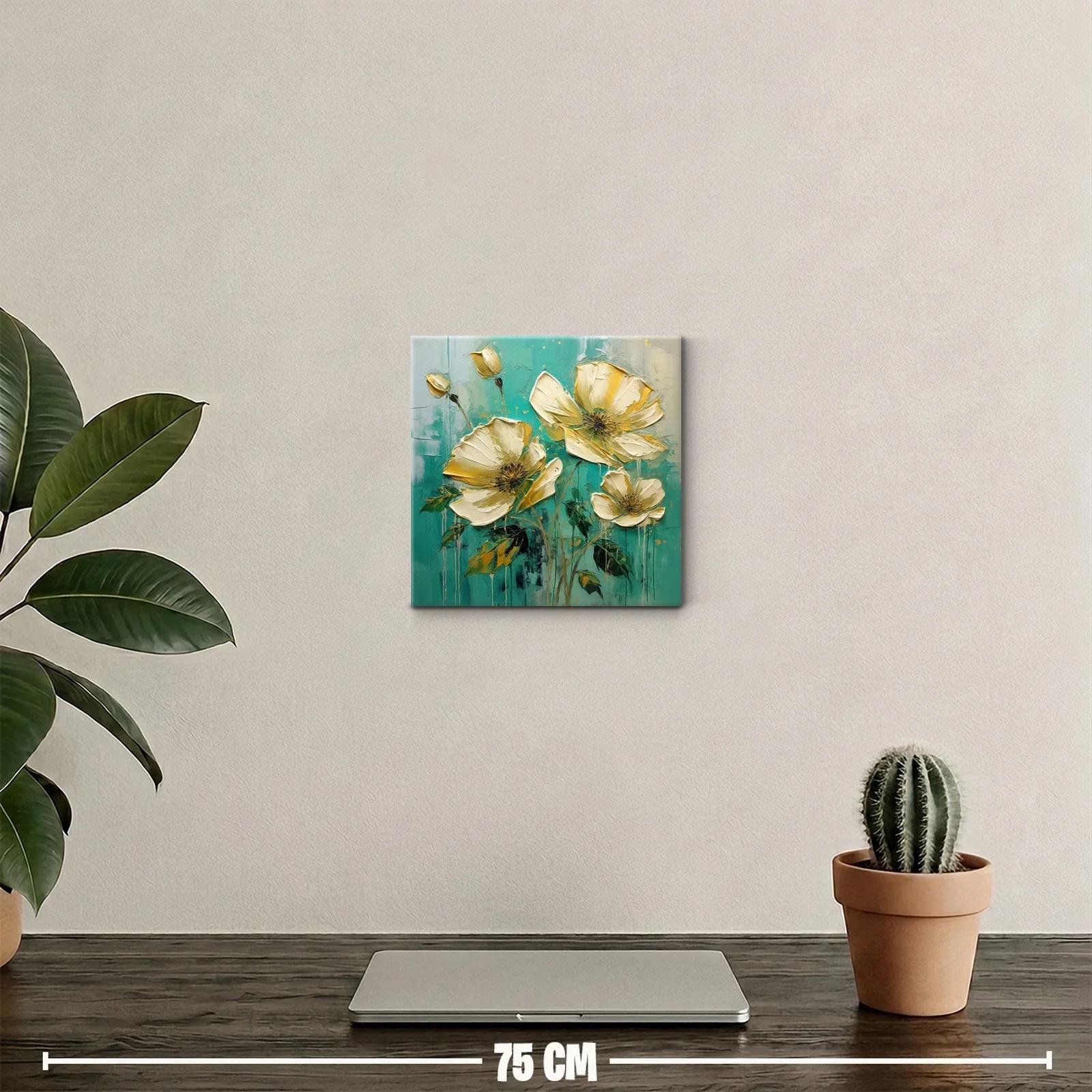 Cuadro con flores doradas sobre fondo turquesa vibrante — miniatura 2