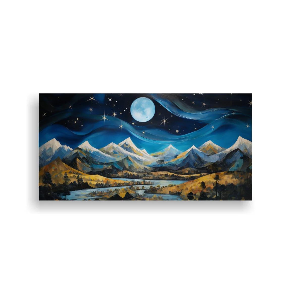 Cuadro paisaje de montañas nevadas con luna llena y agua reflectante — imagen principal