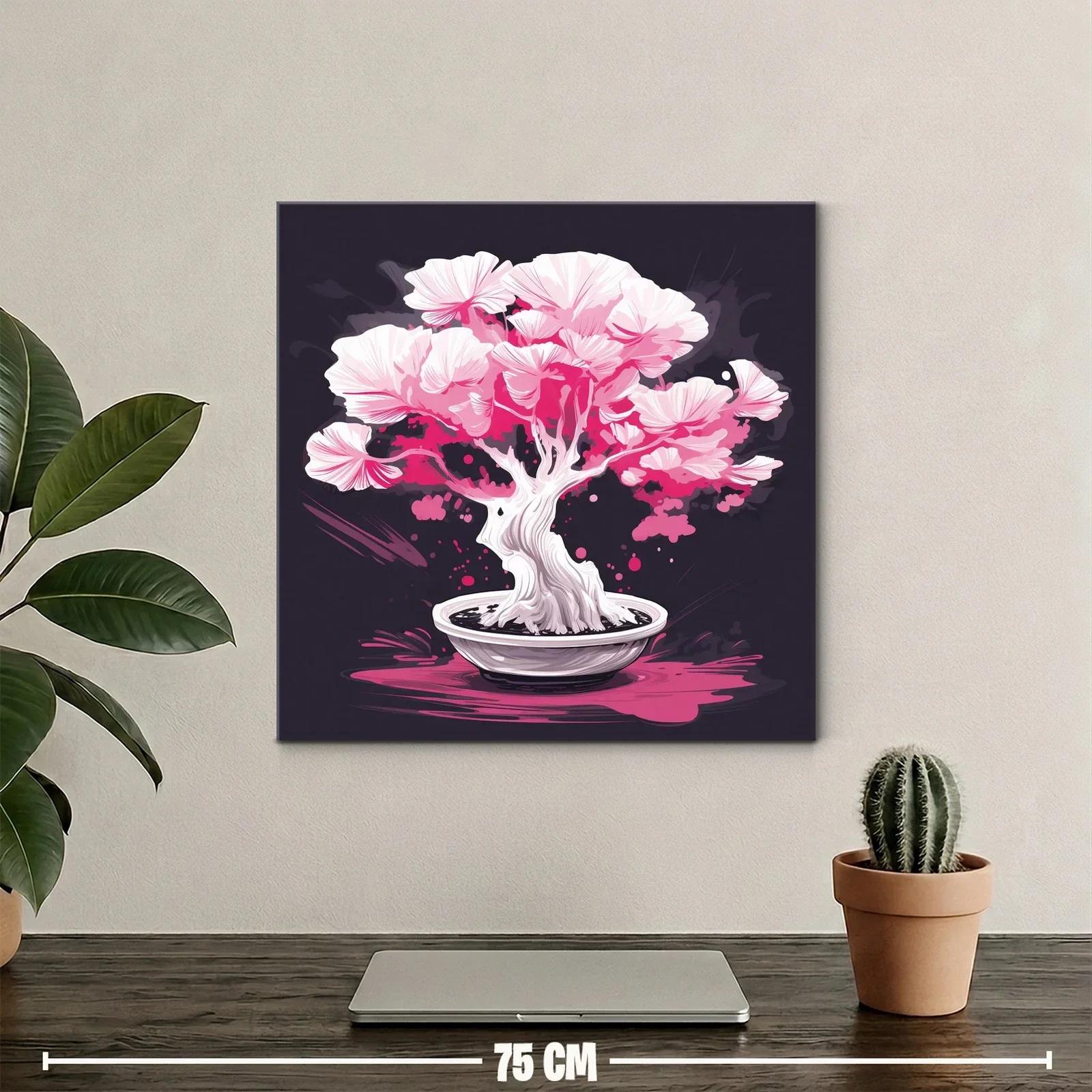 Bonsái en flor con tonos rosas vibrantes y fondo oscuro — miniatura 2