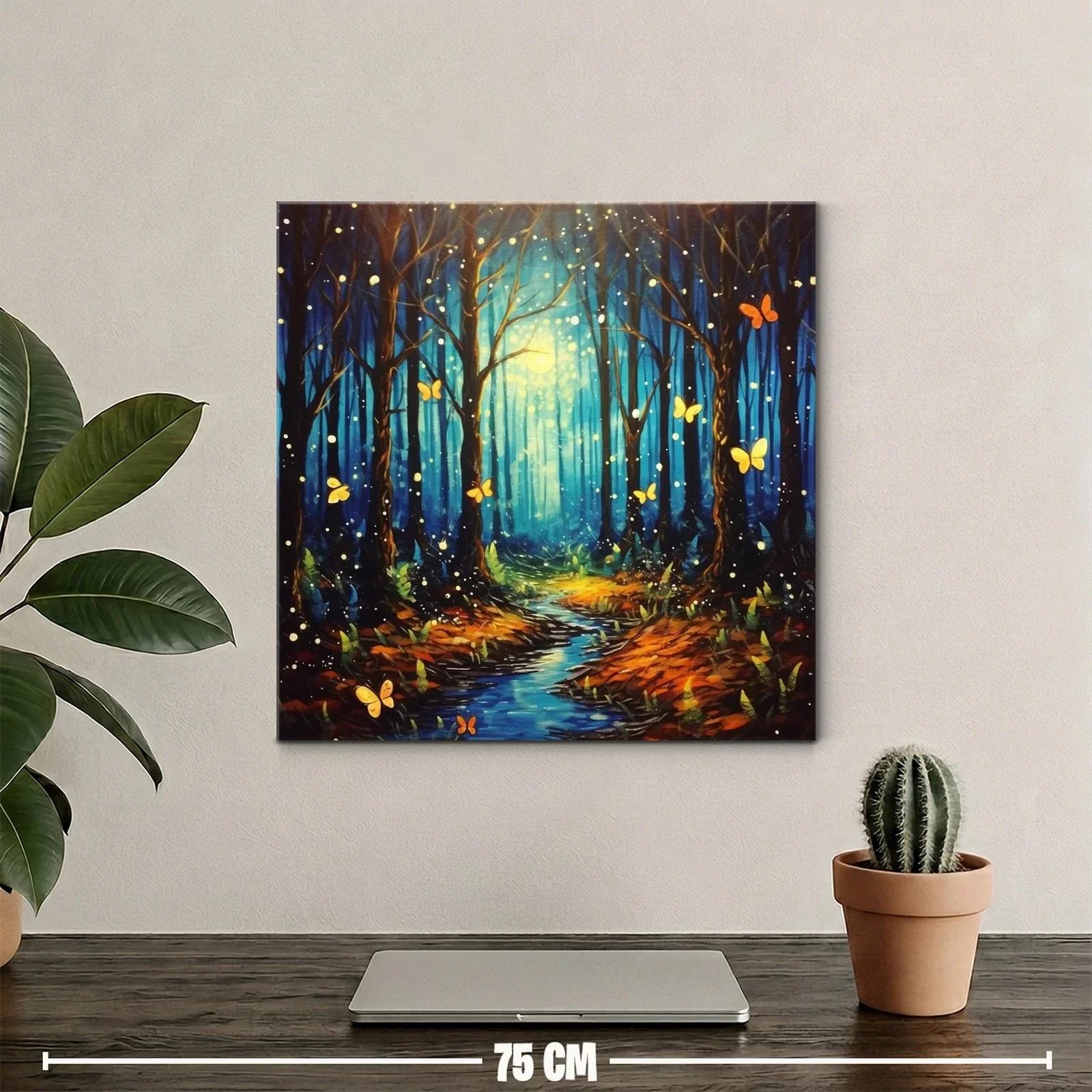 Bosque encantado con mariposas iluminadas y sendero azul — miniatura 2