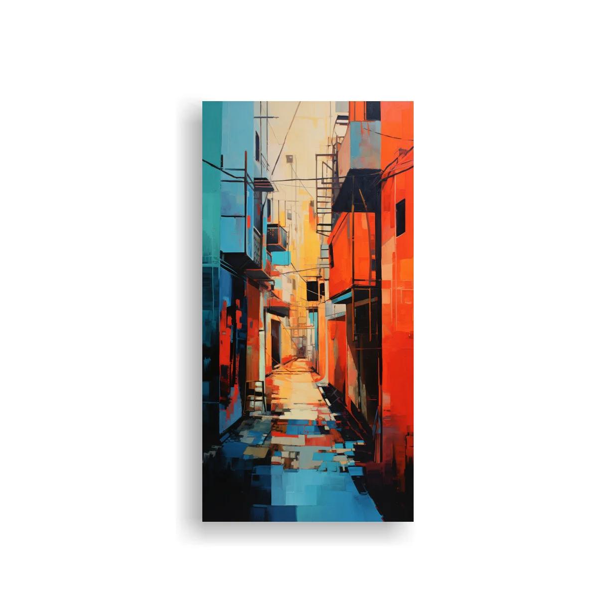Cuadro callejón urbano turquesa y coral