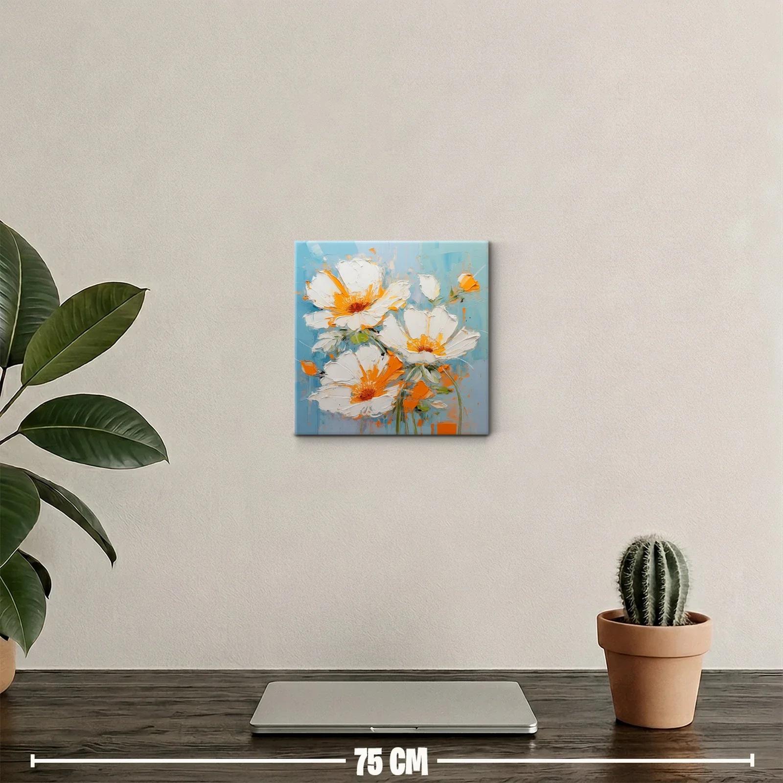 Cuadro con flores blancas y detalles naranjas sobre fondo azul — miniatura 2