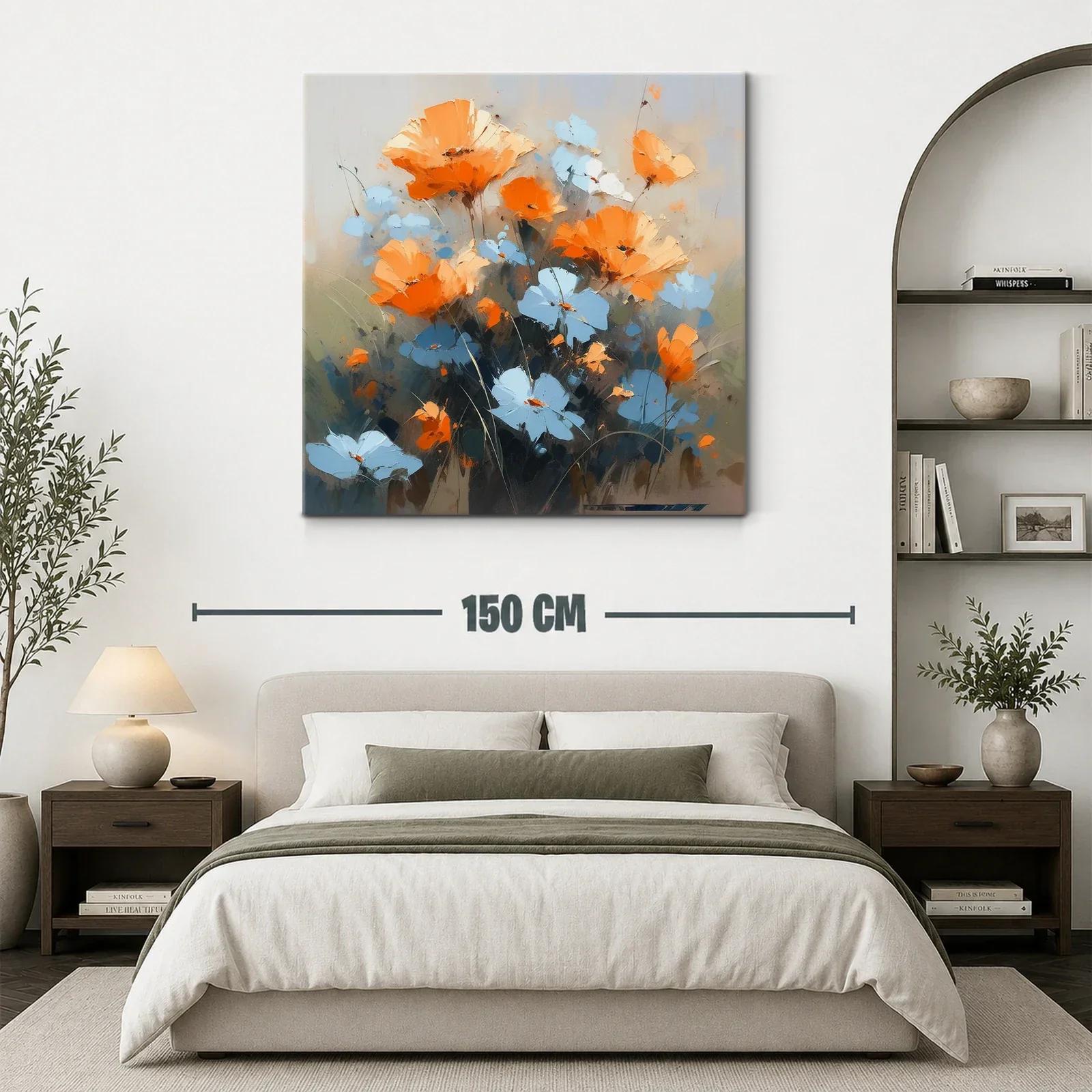 Cuadro moderno con flores naranjas y azules vibrantes — miniatura 3