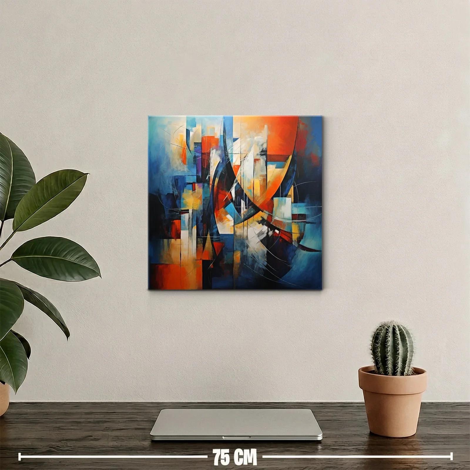Cuadro abstracto con formas geométricas en tonos cálidos y fríos — miniatura 2