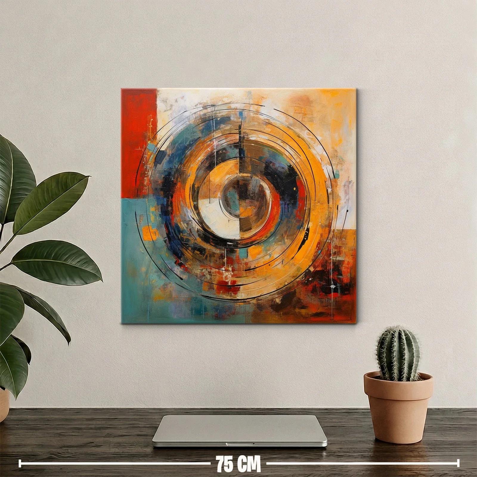 Cuadro abstracto con círculos concéntricos en tonos cálidos y fríos — miniatura 2