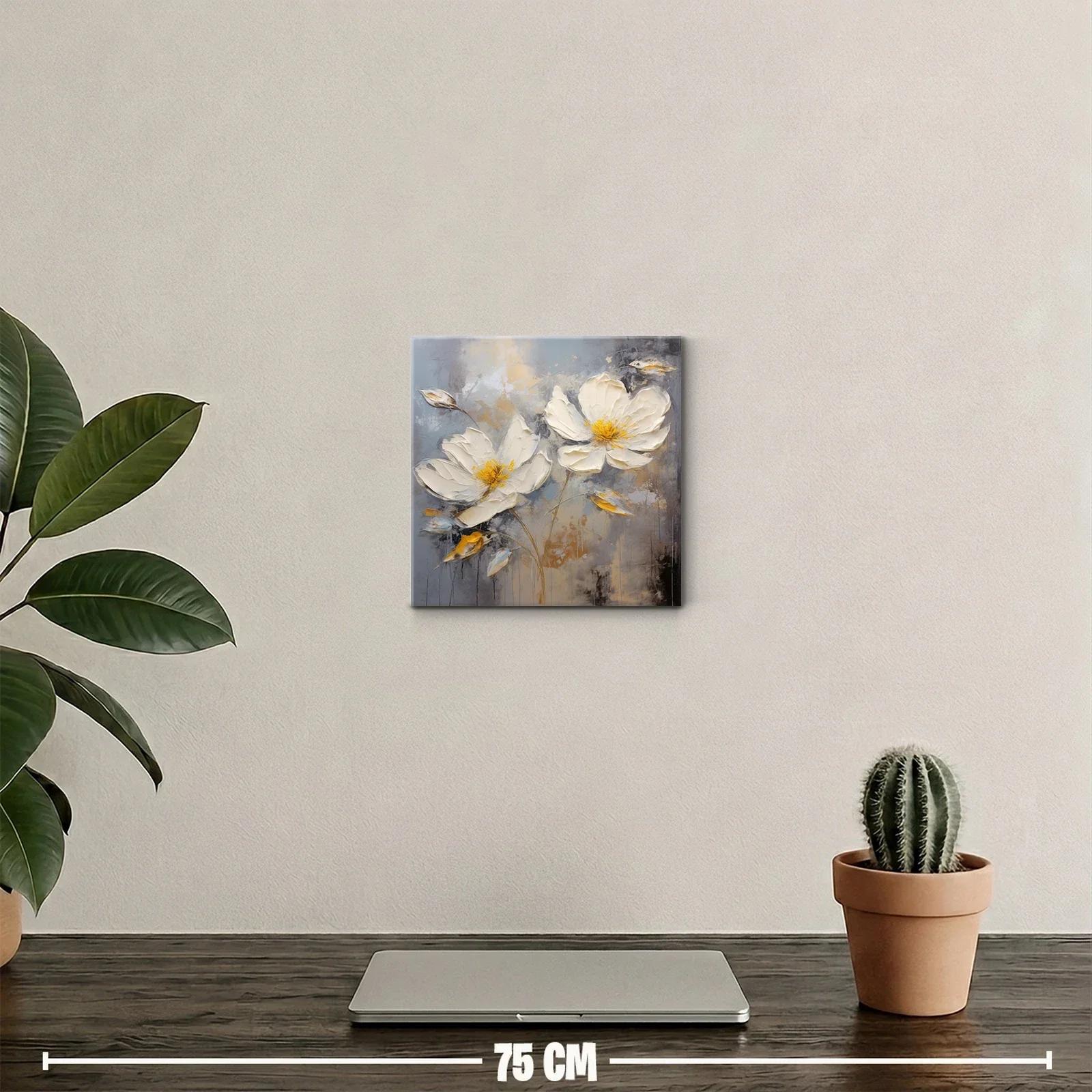Cuadro decorativo con flores blancas y tonos dorados suaves — miniatura 2