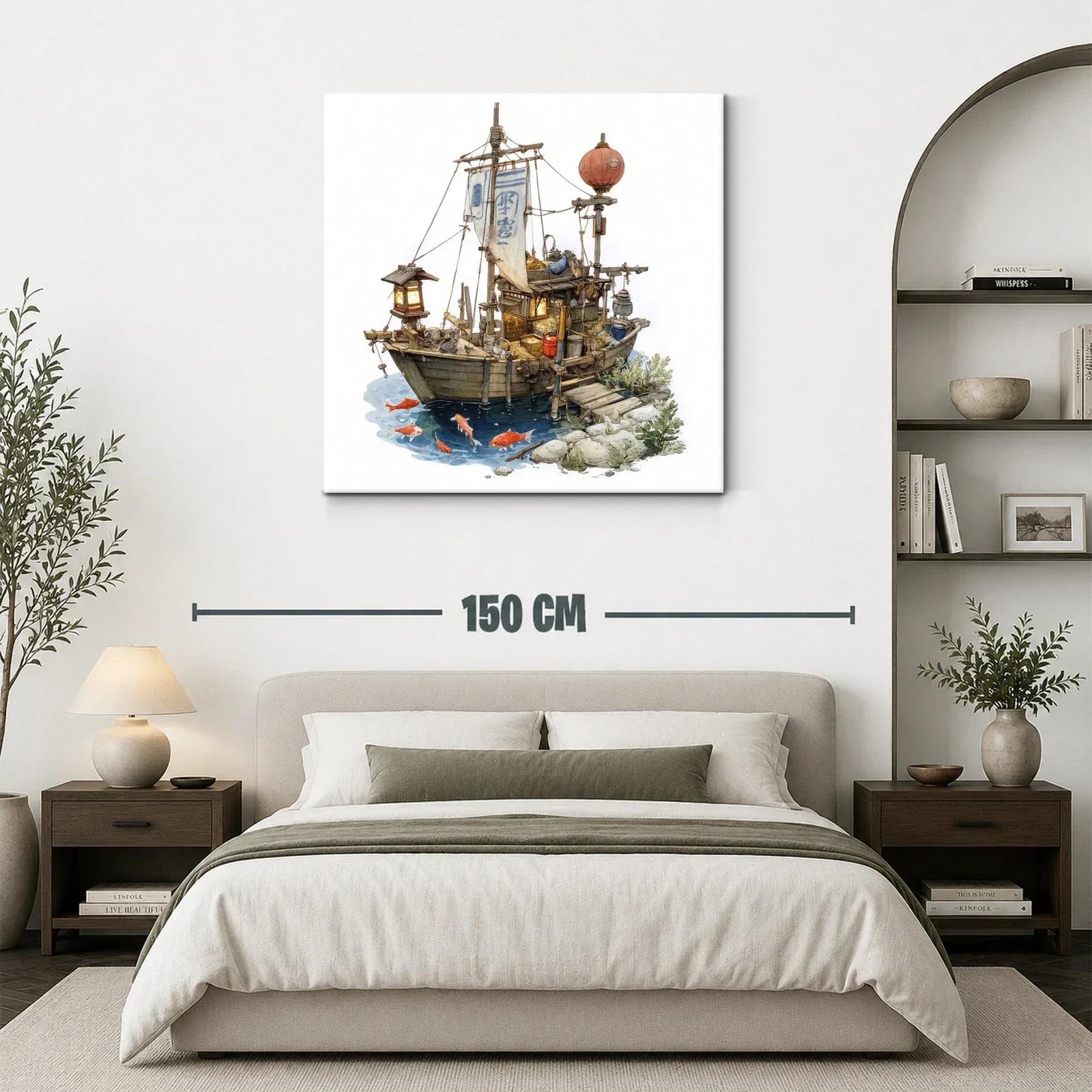 Barco tradicional con linternas y peces en agua tranquila — miniatura 3