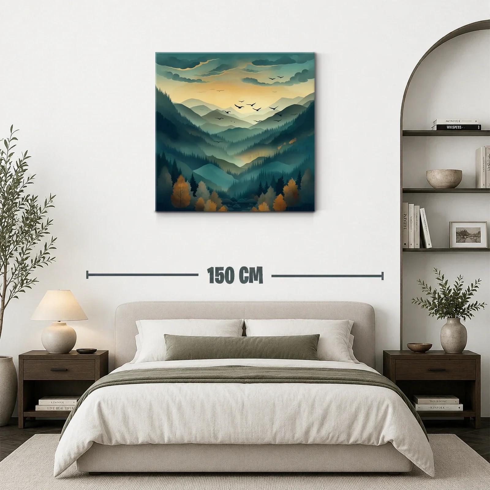 Paisaje de montañas nebulosas al amanecer con aves en vuelo — miniatura 3